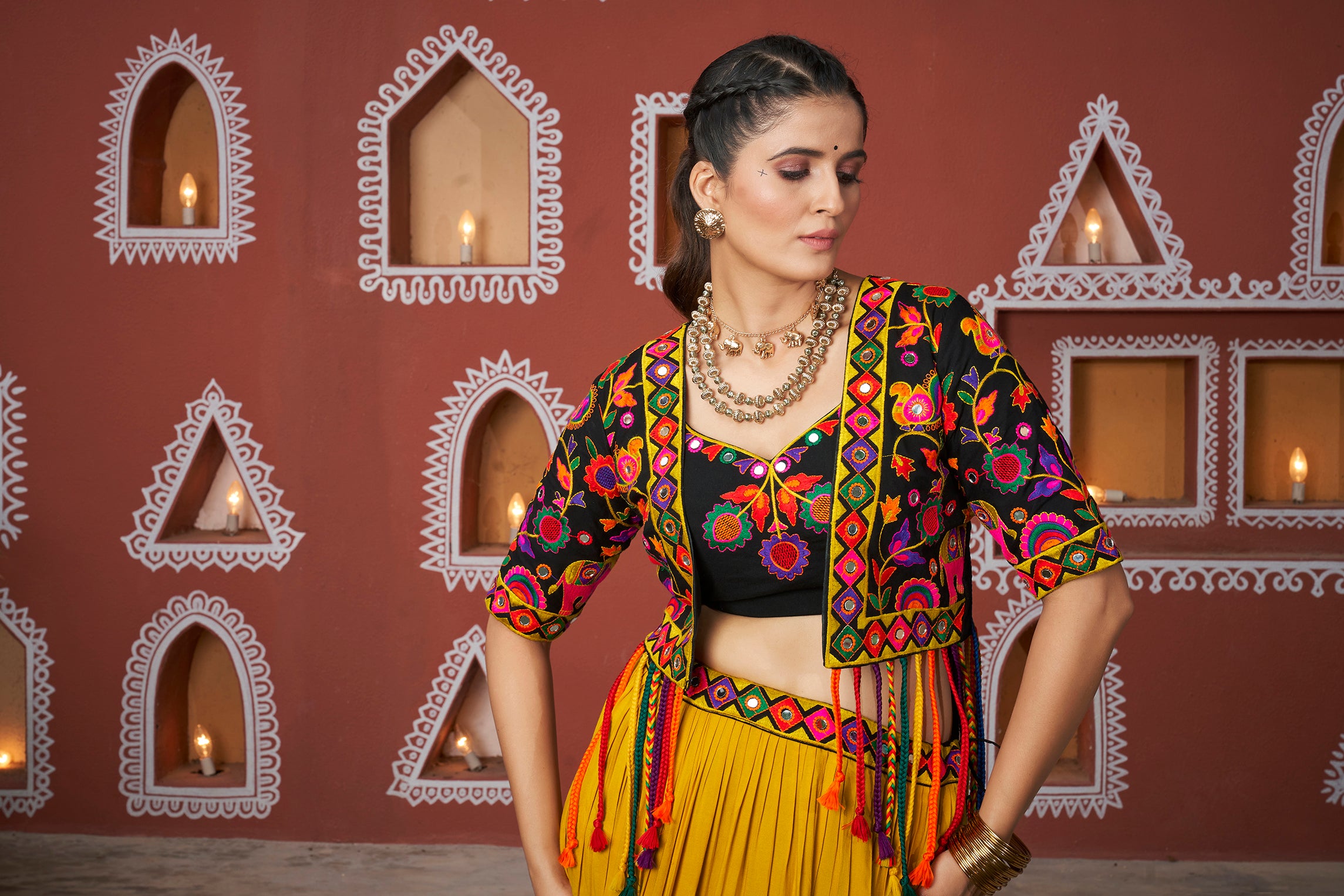 Traditional Dandiya outfit with mustard black layered Chaniya Choli