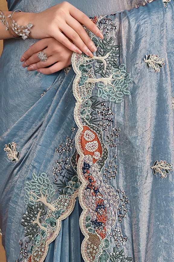 Light Blue Pure Hand Work Satin Silk Bridal Saree