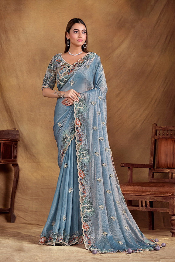 Light Blue Pure Hand Work Satin Silk Bridal Saree