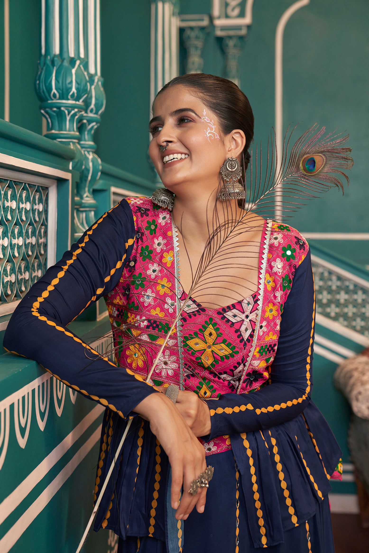 Mirror work choli with digital print lehenga