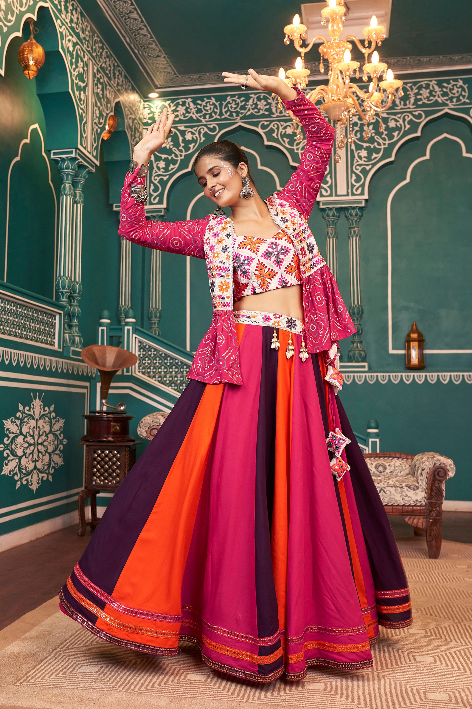 Chaniya choli with embroidered blouse and jacket
