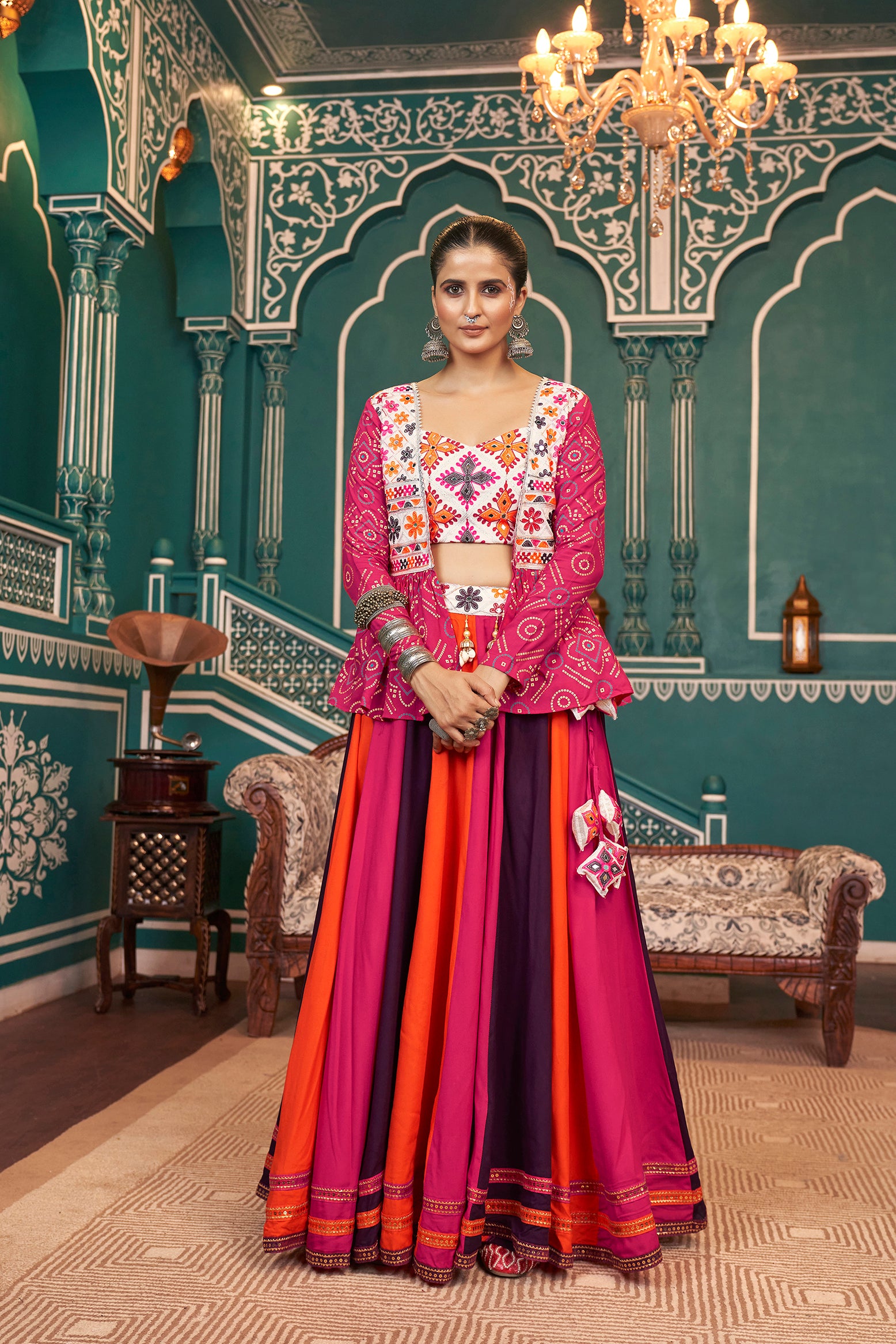 Orange pink wine chaniya choli for Garba