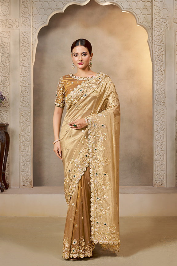 Golden Cora Zari Tissue Silk Handwork Designer Bridal Saree