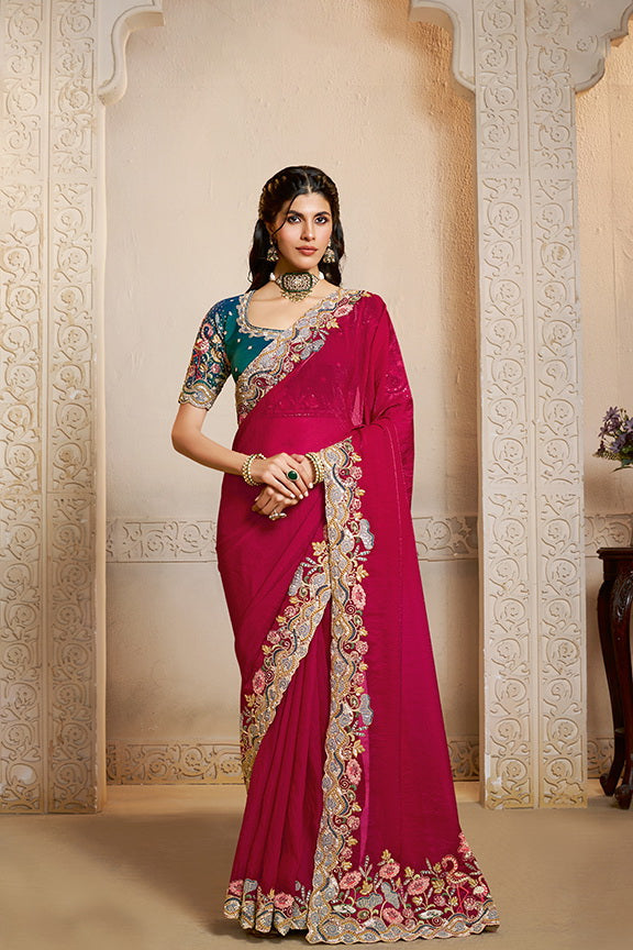 Rani Two Tone Satin Silk Handwork Designer Bridal Saree