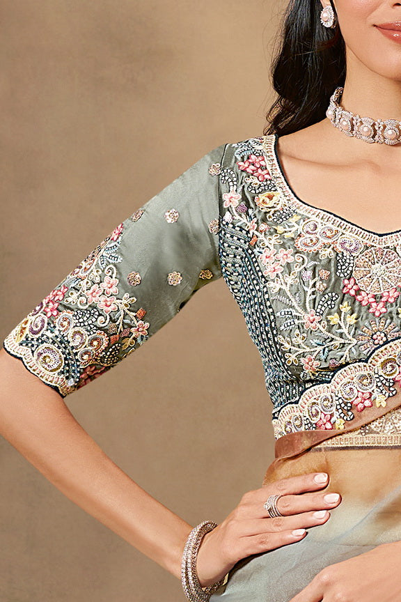 Shaded Grey Organza Satin Handwork Designer Bridal Saree