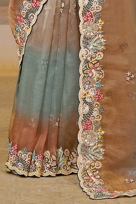 Shaded Grey Organza Satin Handwork Designer Bridal Saree