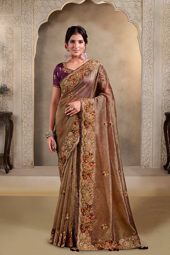 Wine Pure Banarasi Crush Pure Khatli Work Bridal Saree