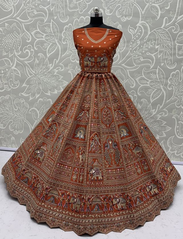 Orange Pure Soft Gadwal Silk Heavy Embroidery Work Bridal Lehenga