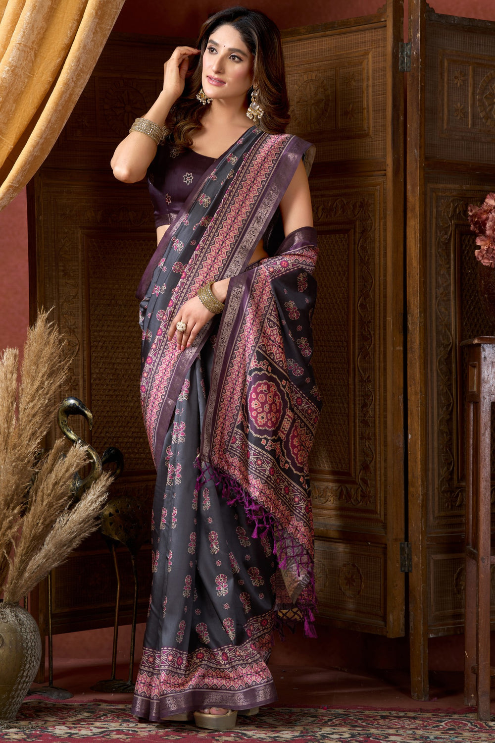 Grey Pure Cluster Silk Ajarkh Digital Printed Saree