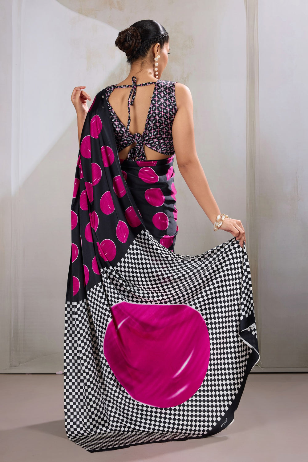 Bubblegum Pink Printed Polka Dots Satin Crepe Saree