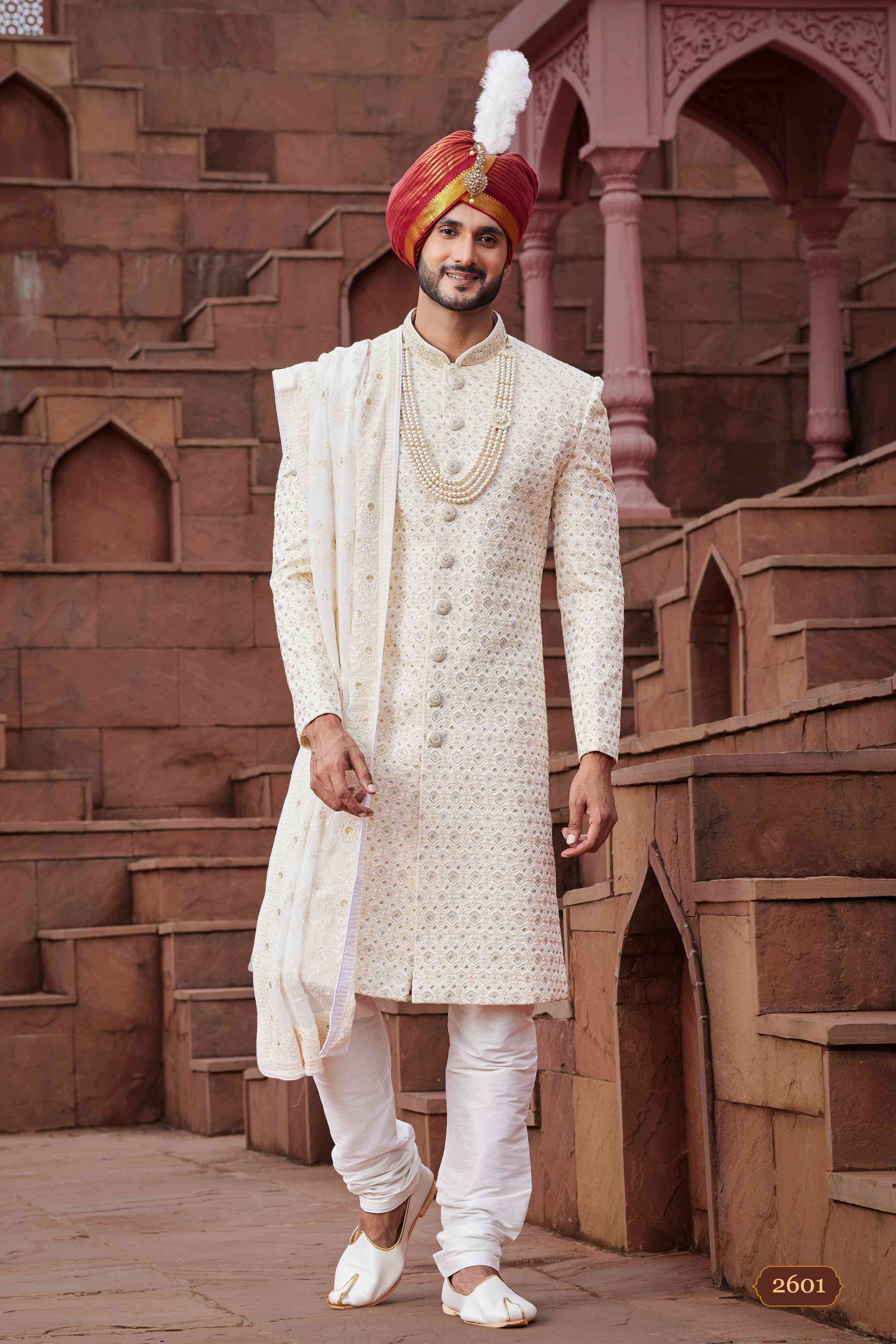Cream Designer Wedding Sherwani for Men with Hand Embroidery
