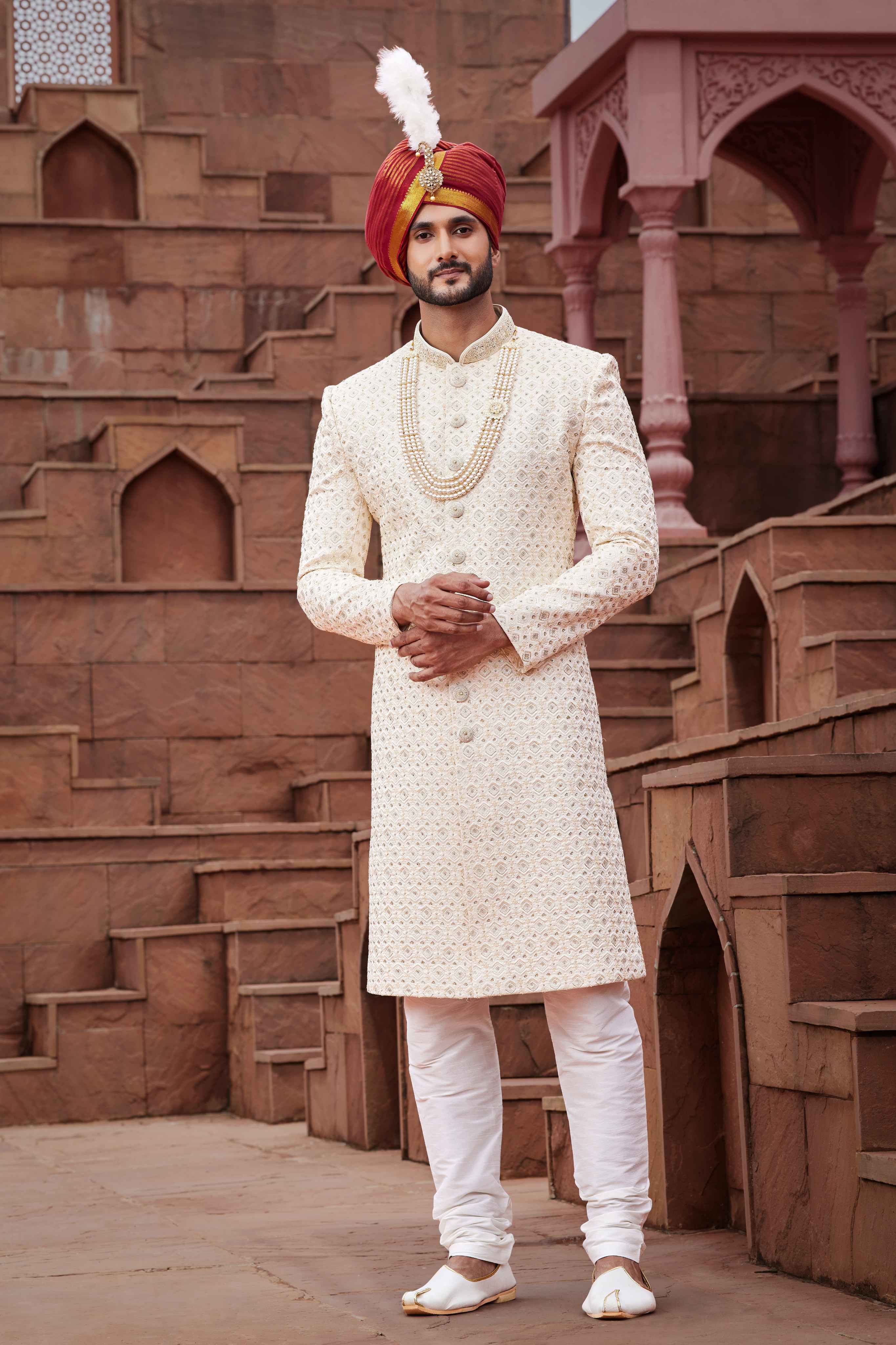 Cream Designer Wedding Sherwani for Men with Hand Embroidery