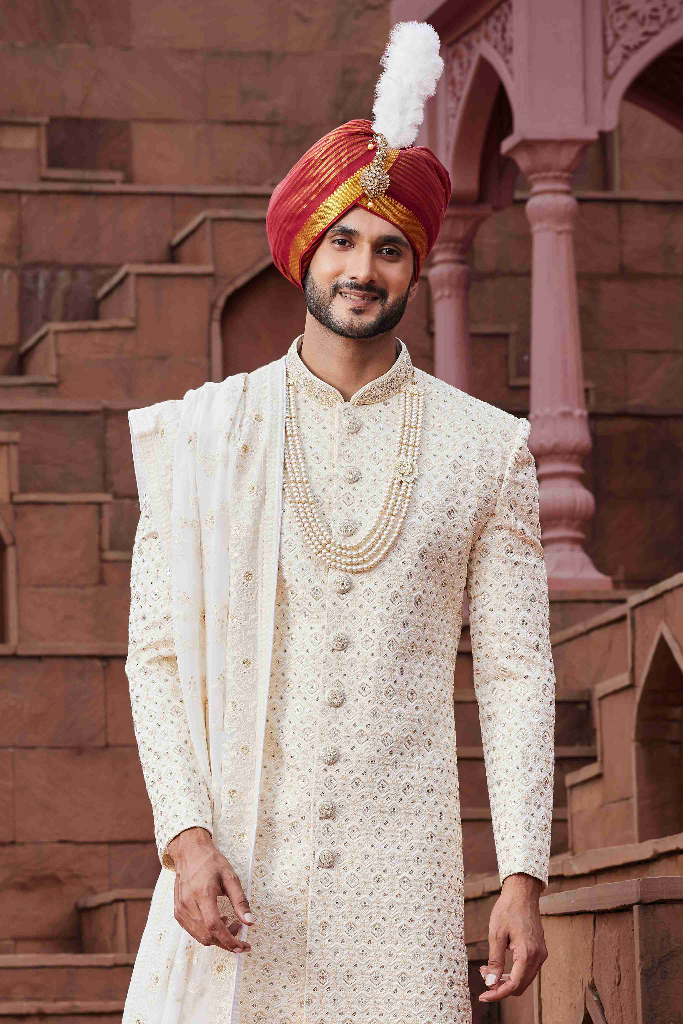 Cream Designer Wedding Sherwani for Men with Hand Embroidery