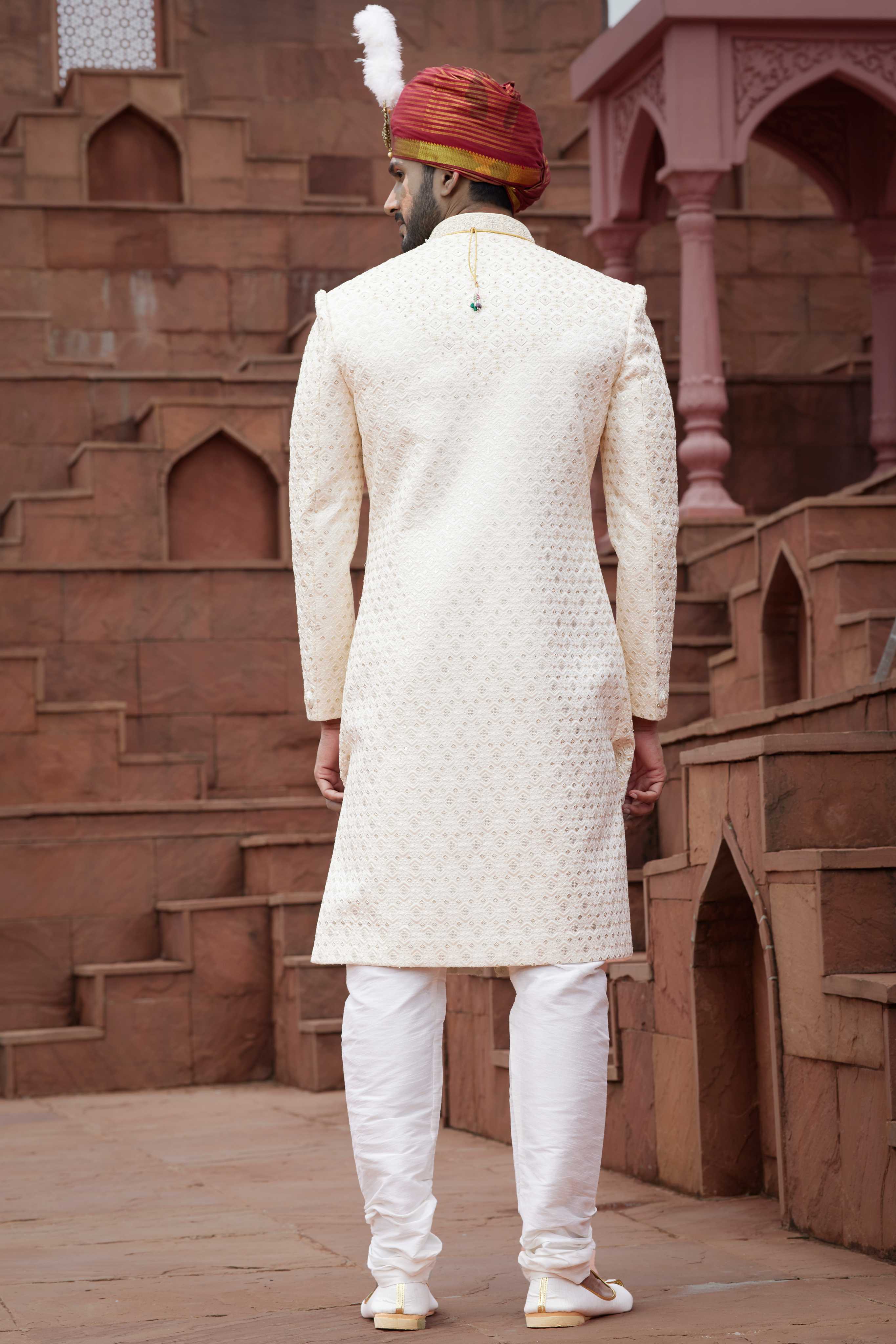 Cream Designer Wedding Sherwani for Men with Hand Embroidery