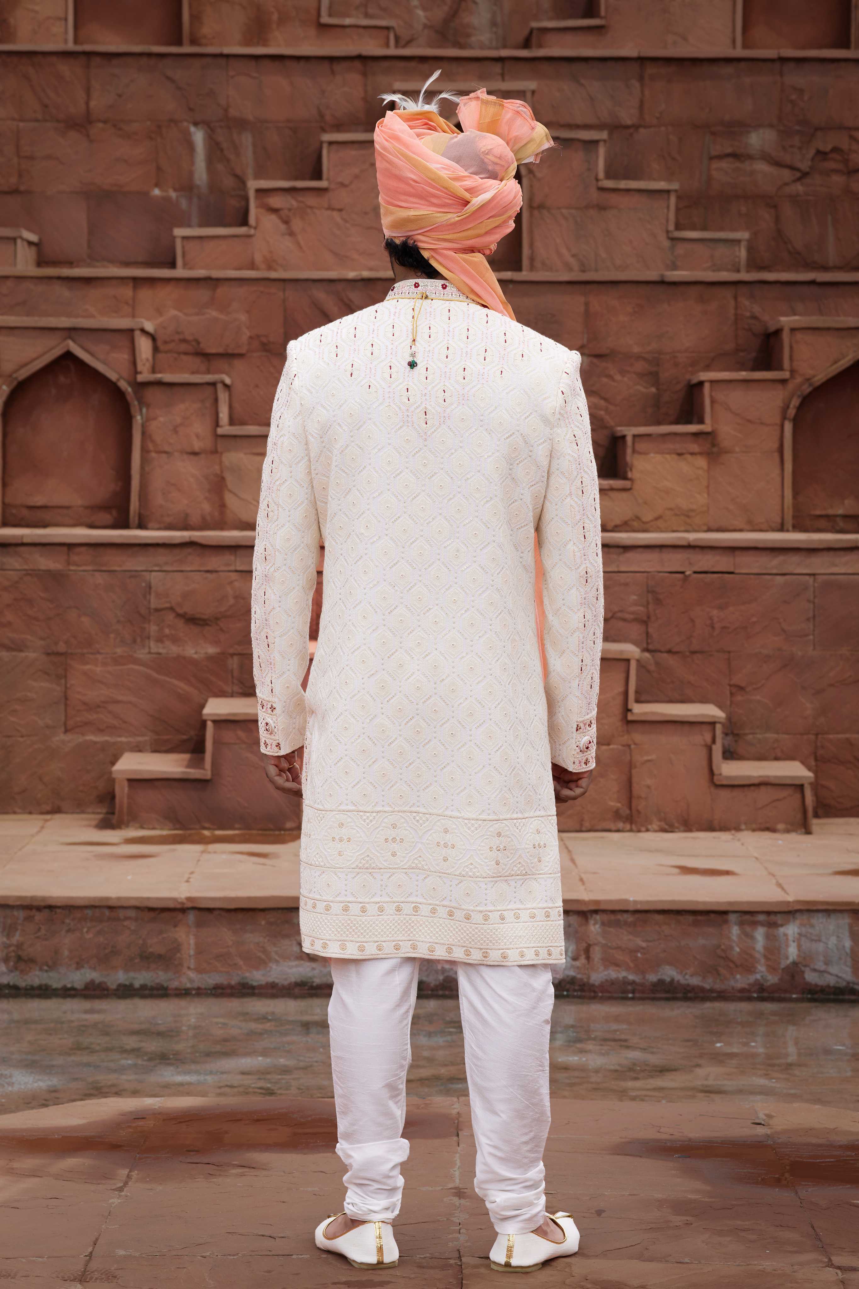 Cream Designer Sherwani with Maroon Touch-Up for Groom