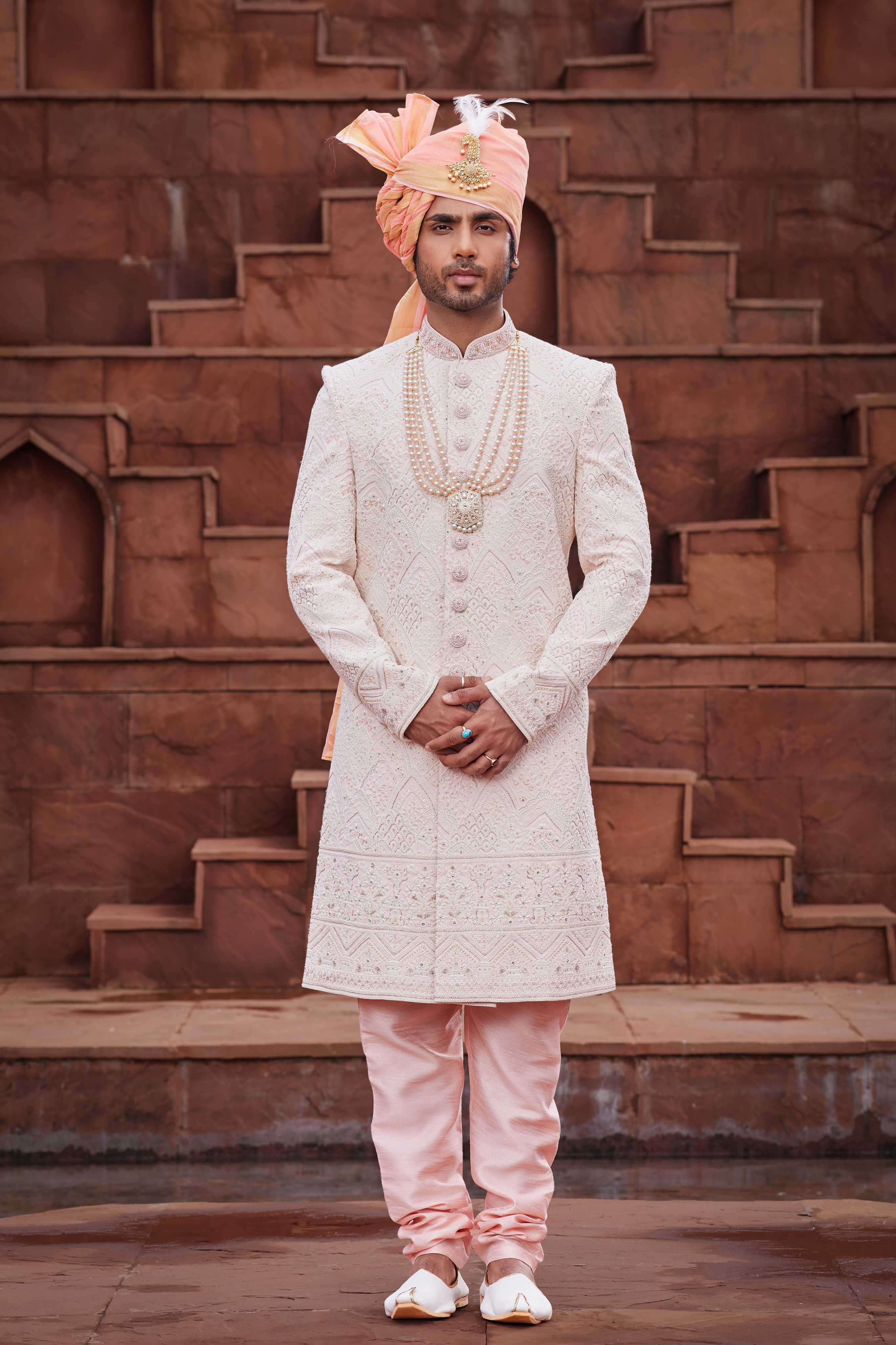 Peach Designer Sherwani for Groom with Embroidery