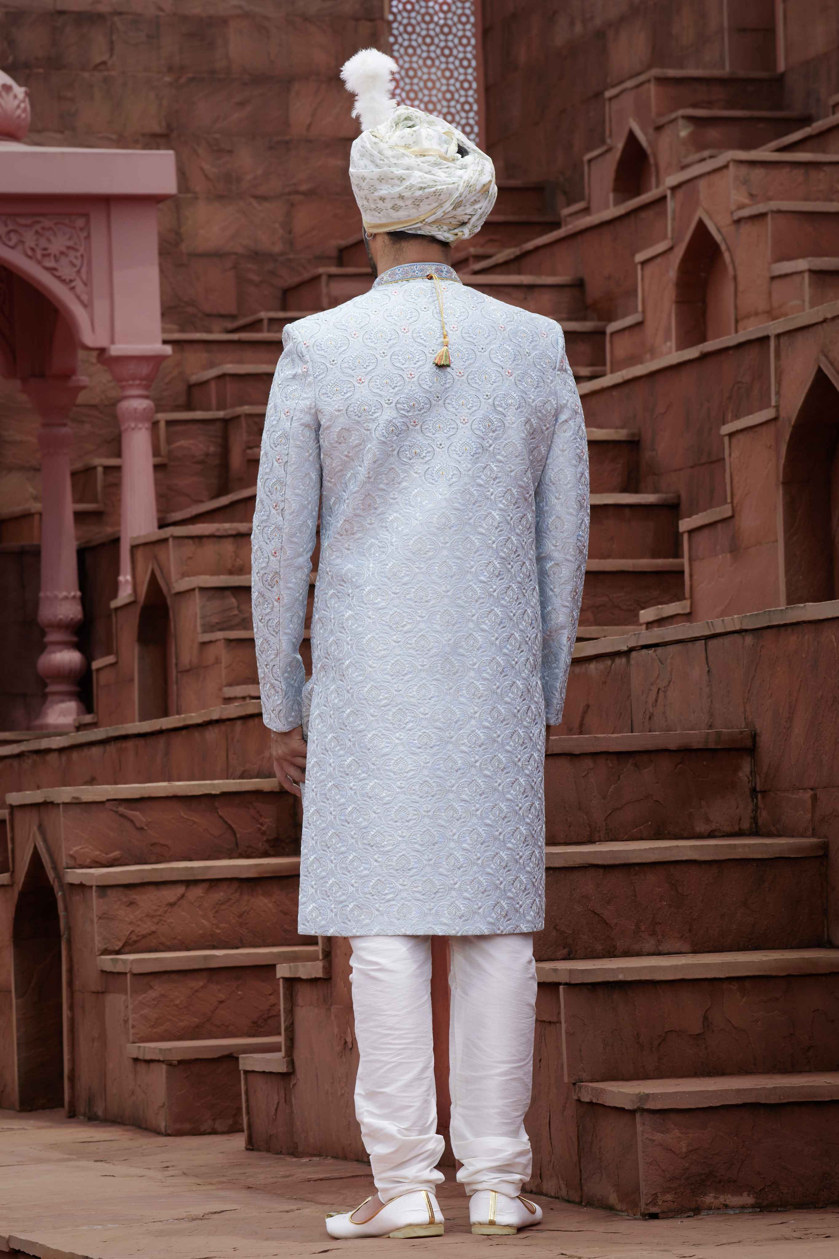 Sky Blue Designer Wedding Sherwani for Groom with Embroidery