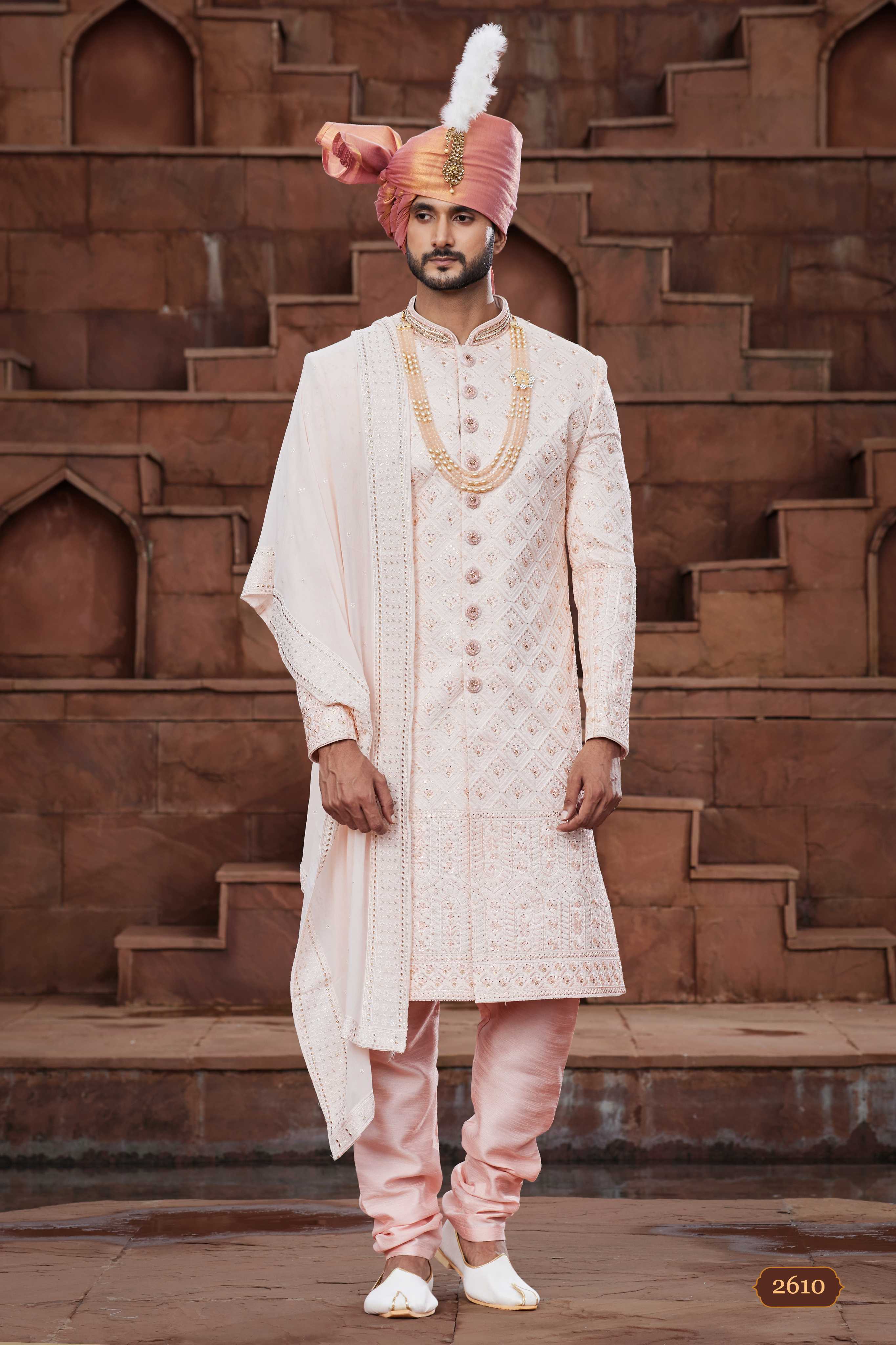 Peach Royal Sherwani for Groom with Hand Embroidery