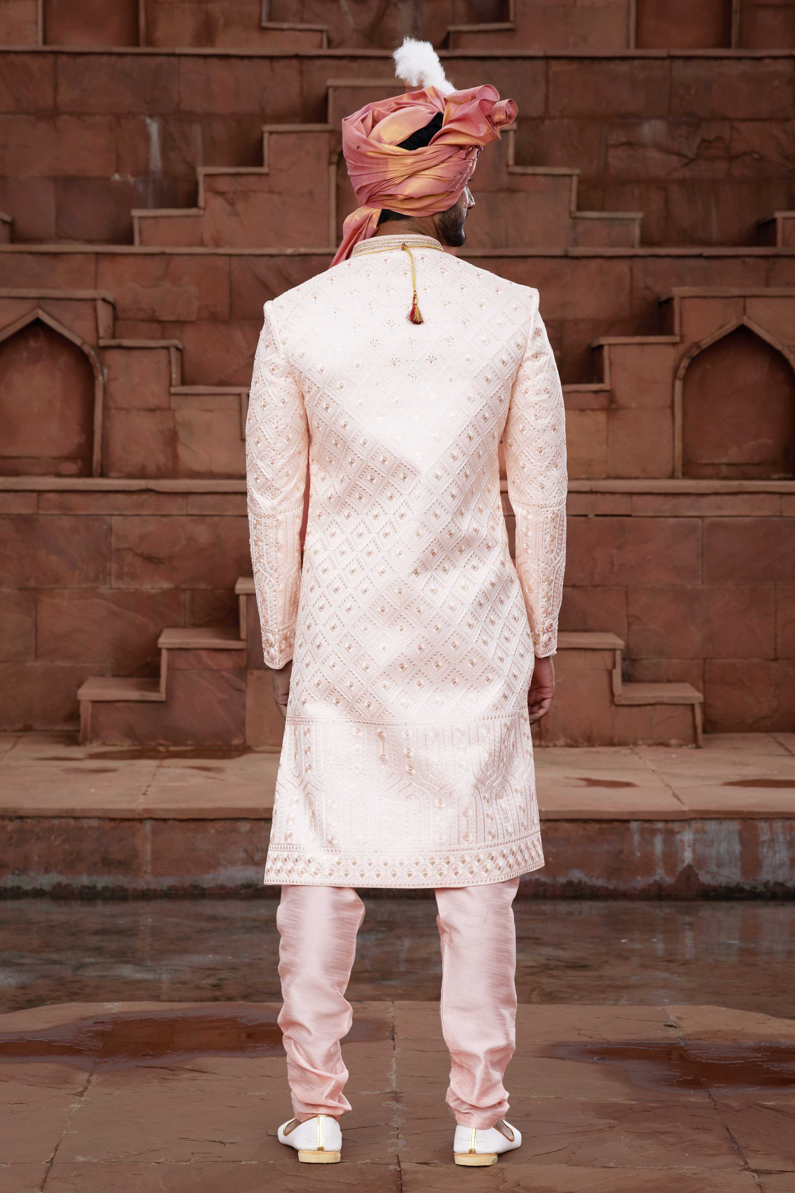 Peach Royal Sherwani for Groom with Hand Embroidery