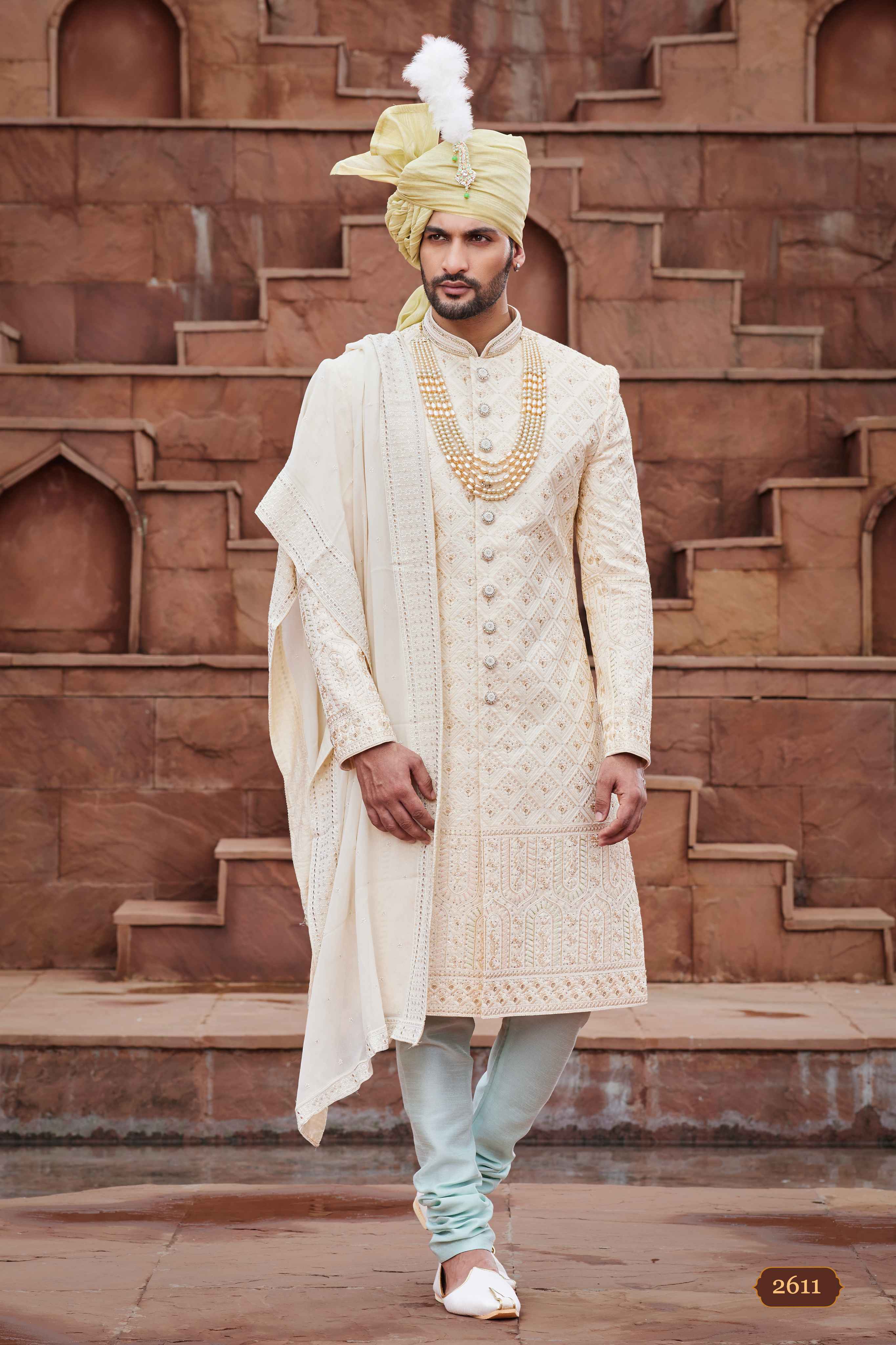 Off White Designer Sherwani for Groom with Embroidered Work