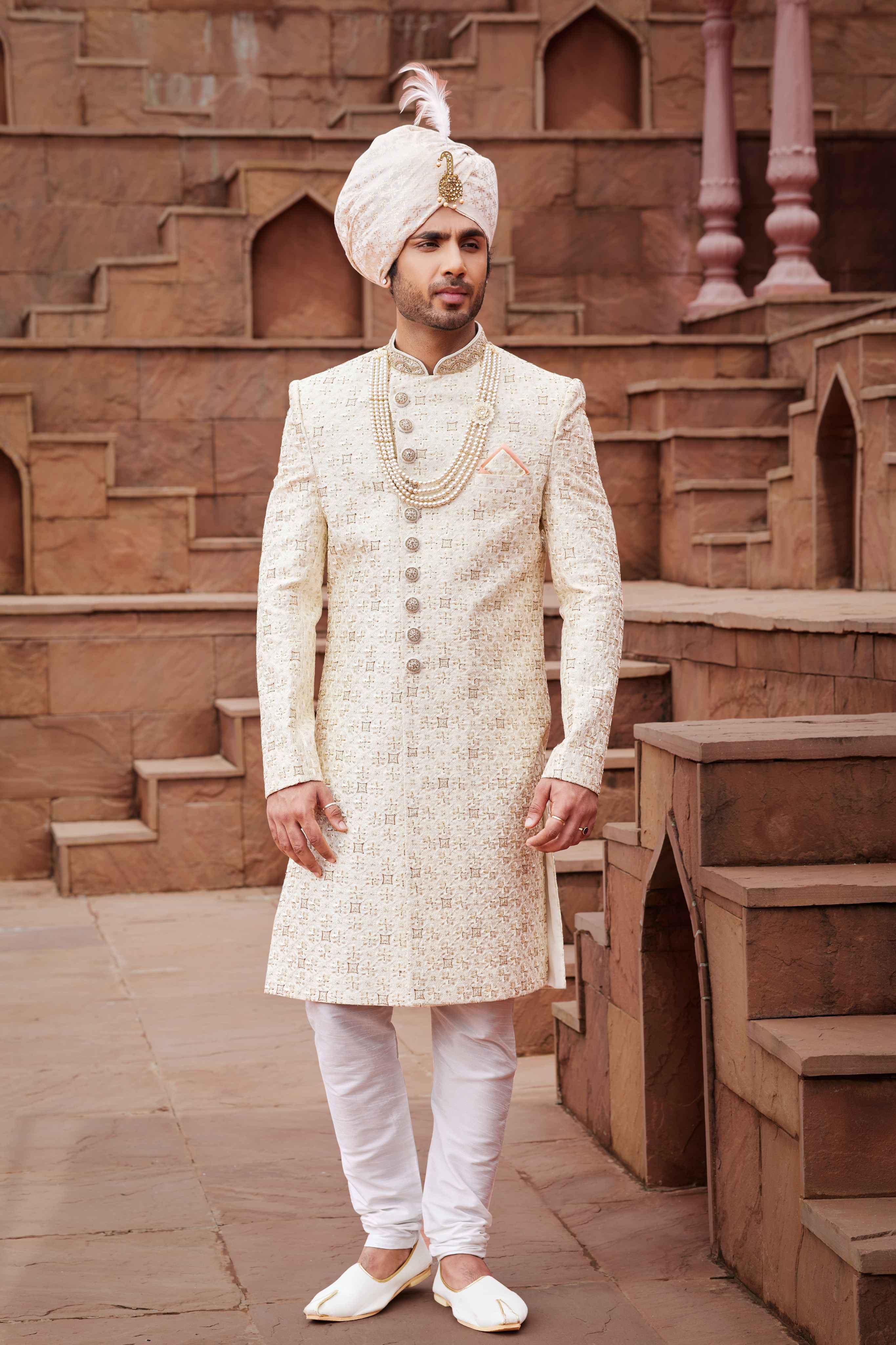 Cream Gold Wedding Sherwani for Groom with Embroidery