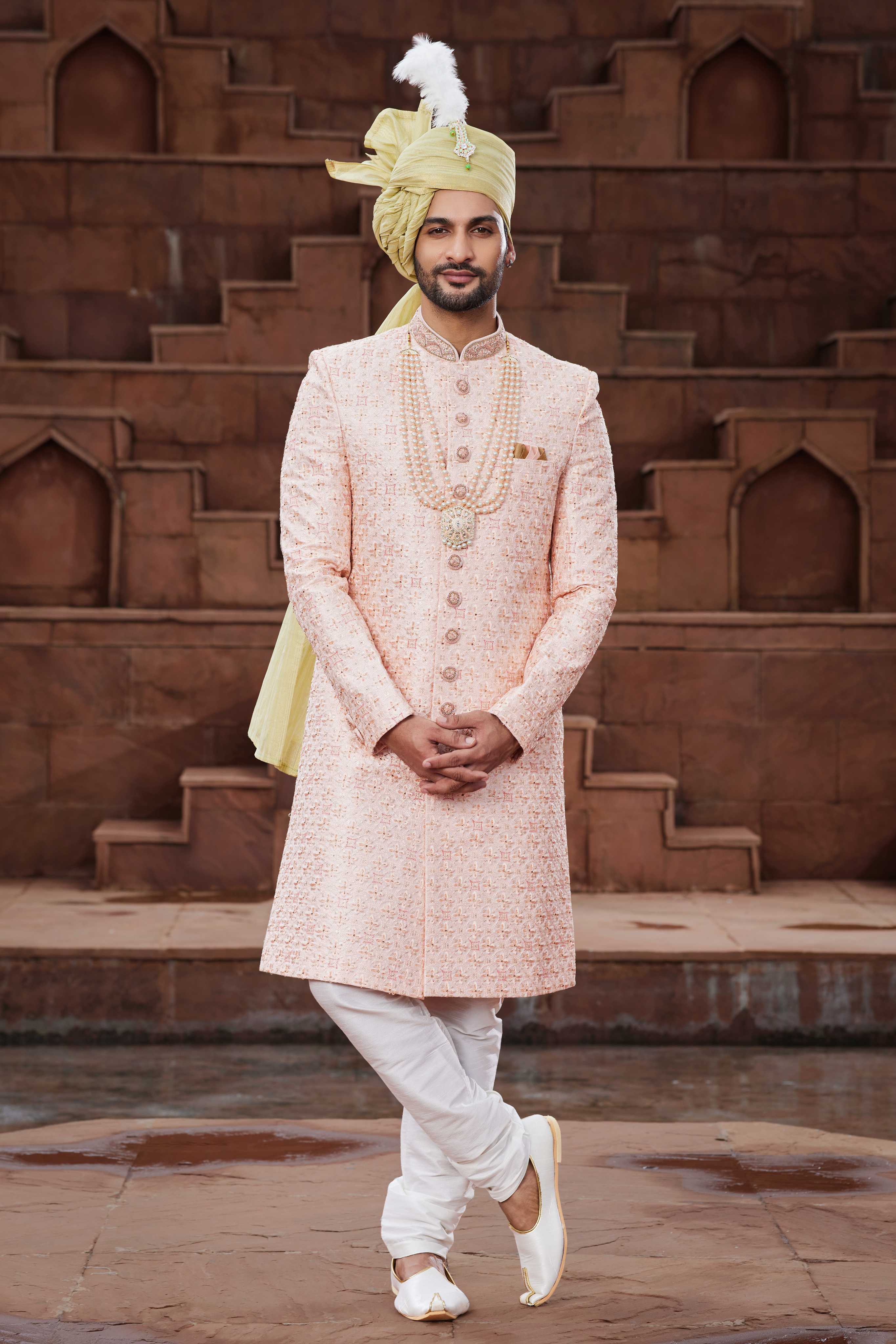 Peach Embroidered Sherwani for Groom with Designer Ethnic Work