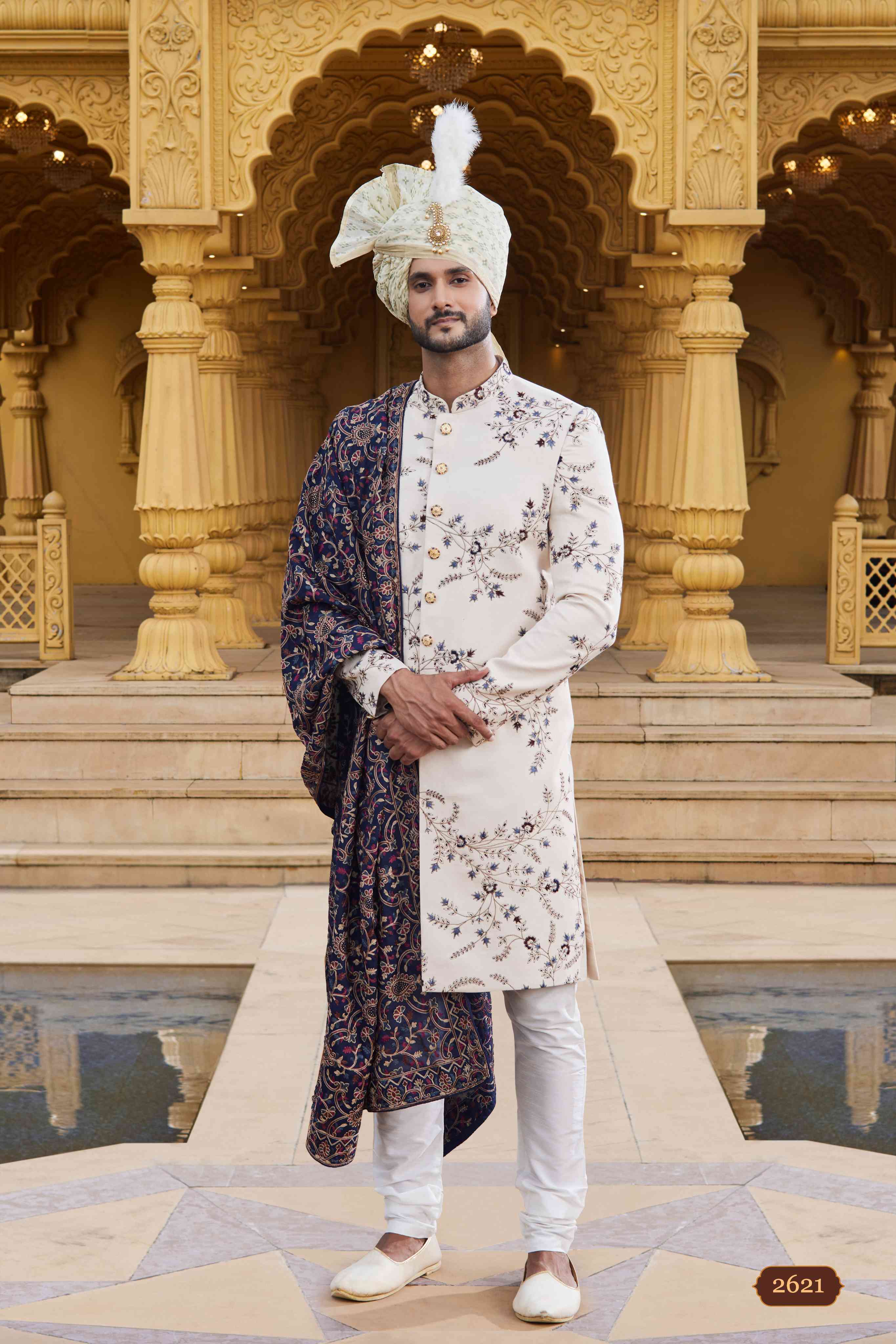 Cream Art Silk Designer Sherwani with Embroidered Dupatta