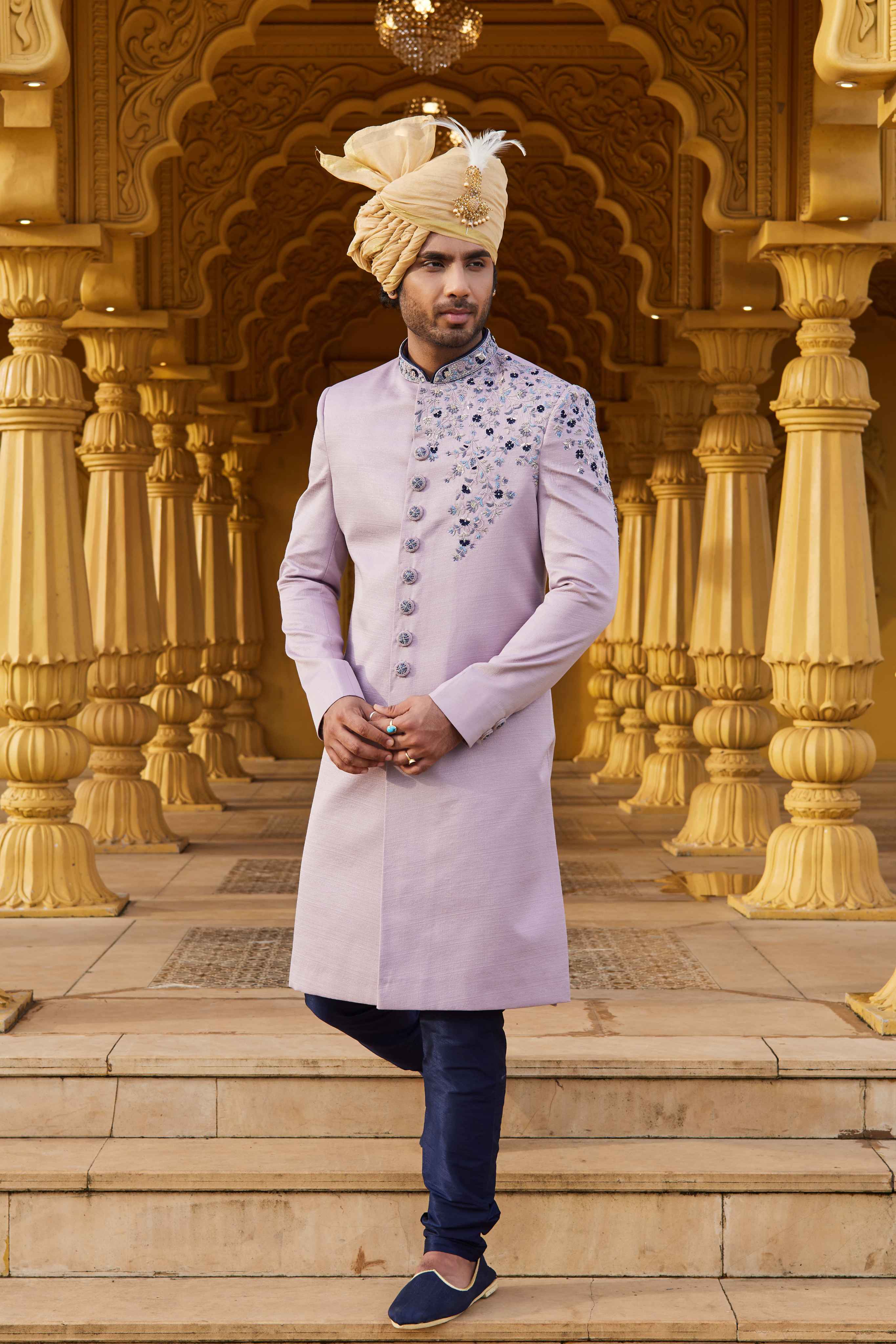 Lavender Blue Designer Sherwani with Hand Embroidery
