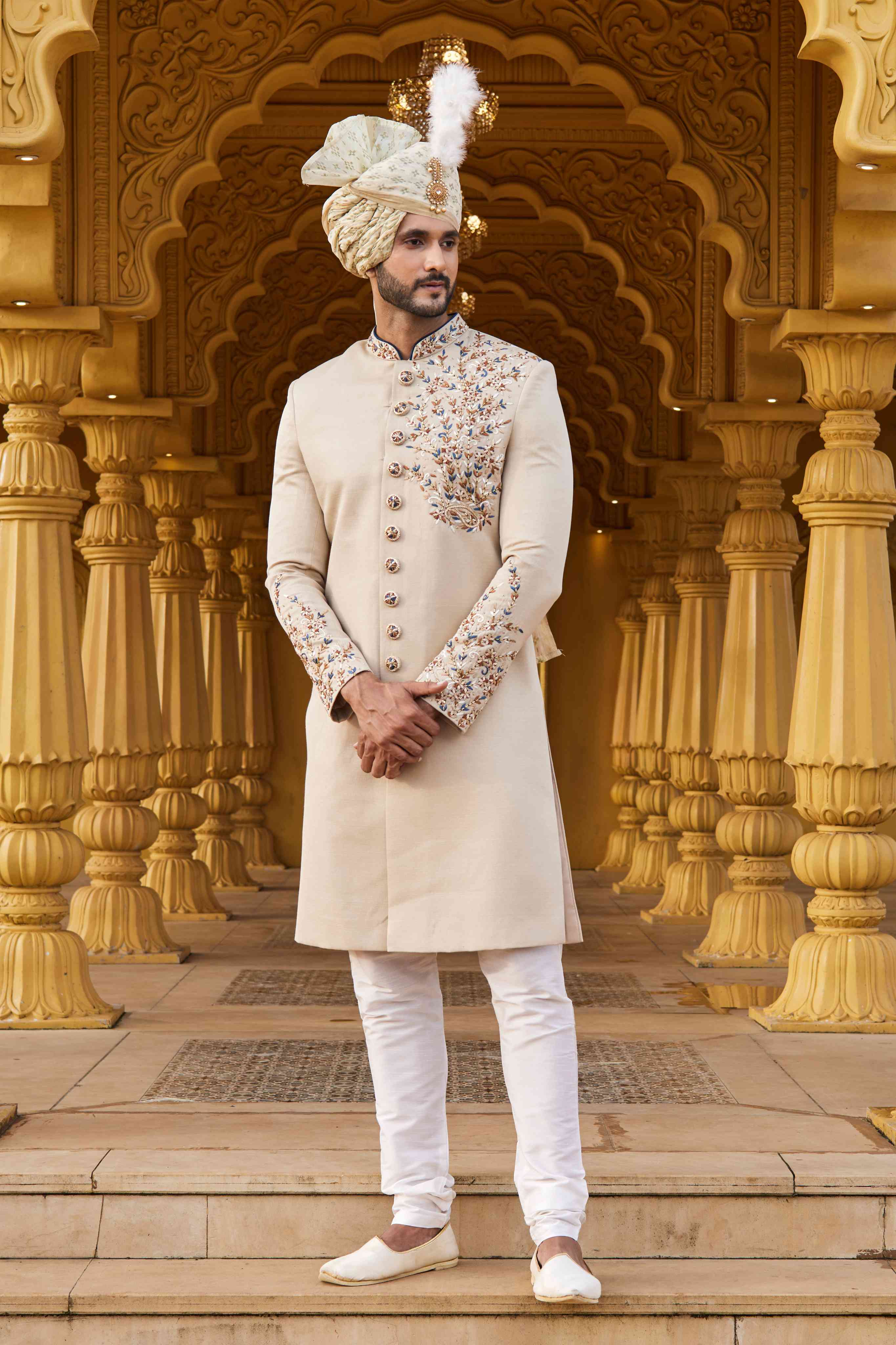 Ivory Cream Embroidered Sherwani with Designer Shawl
