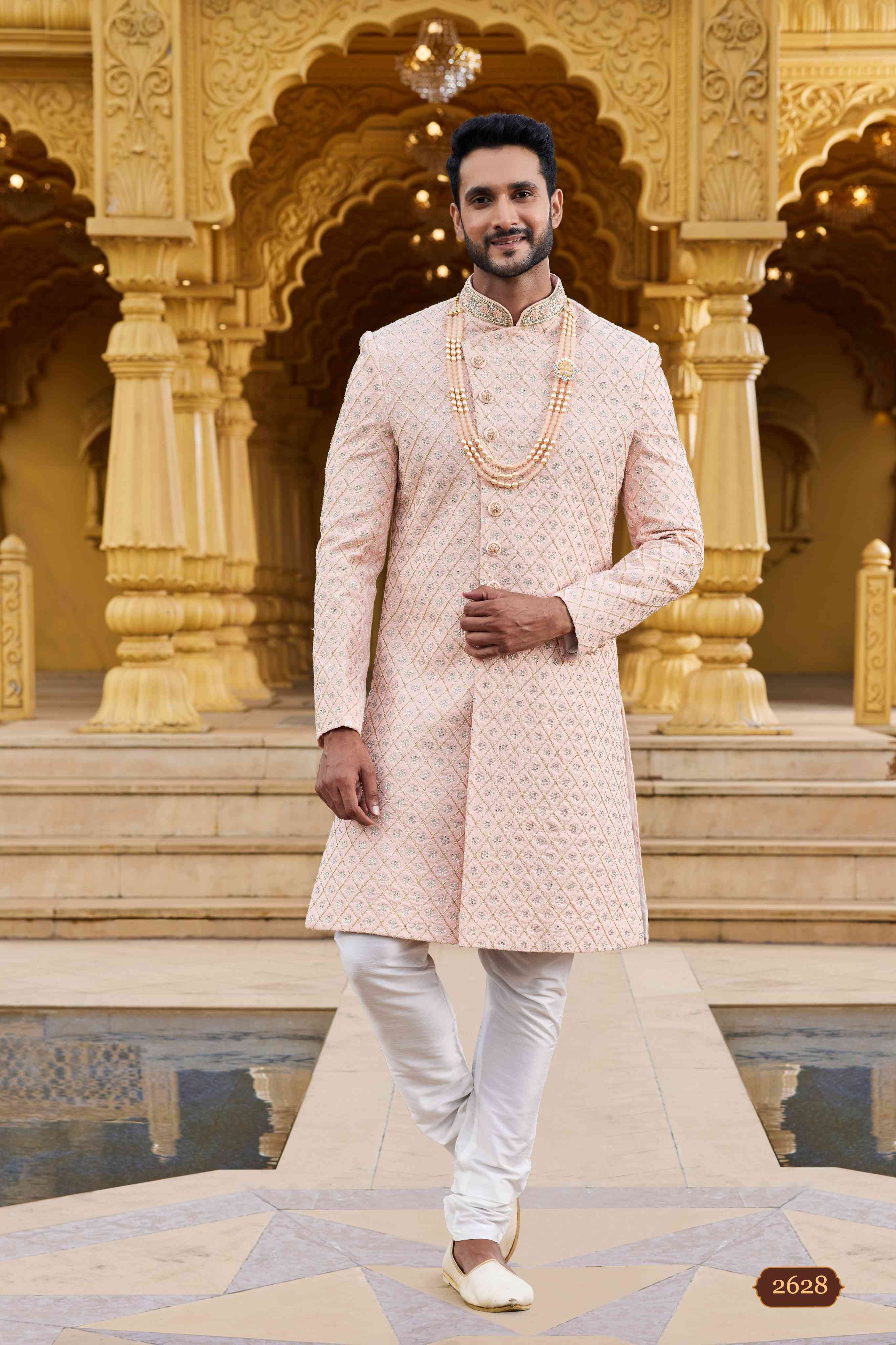 Peach Embroidered Art Silk Sherwani for Men with Churidar