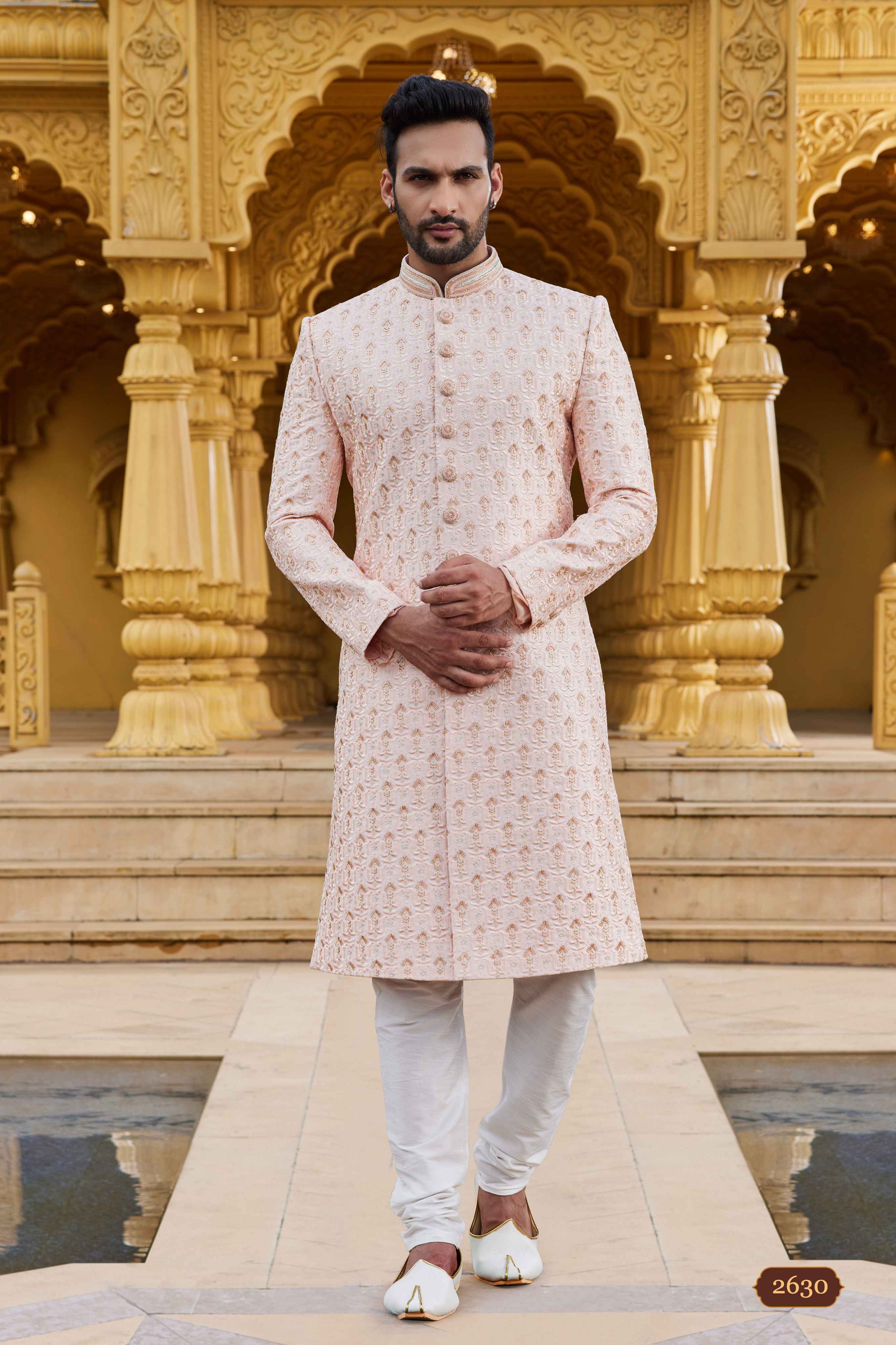 Peach Cream Embroidered Sherwani in Art Silk for Men