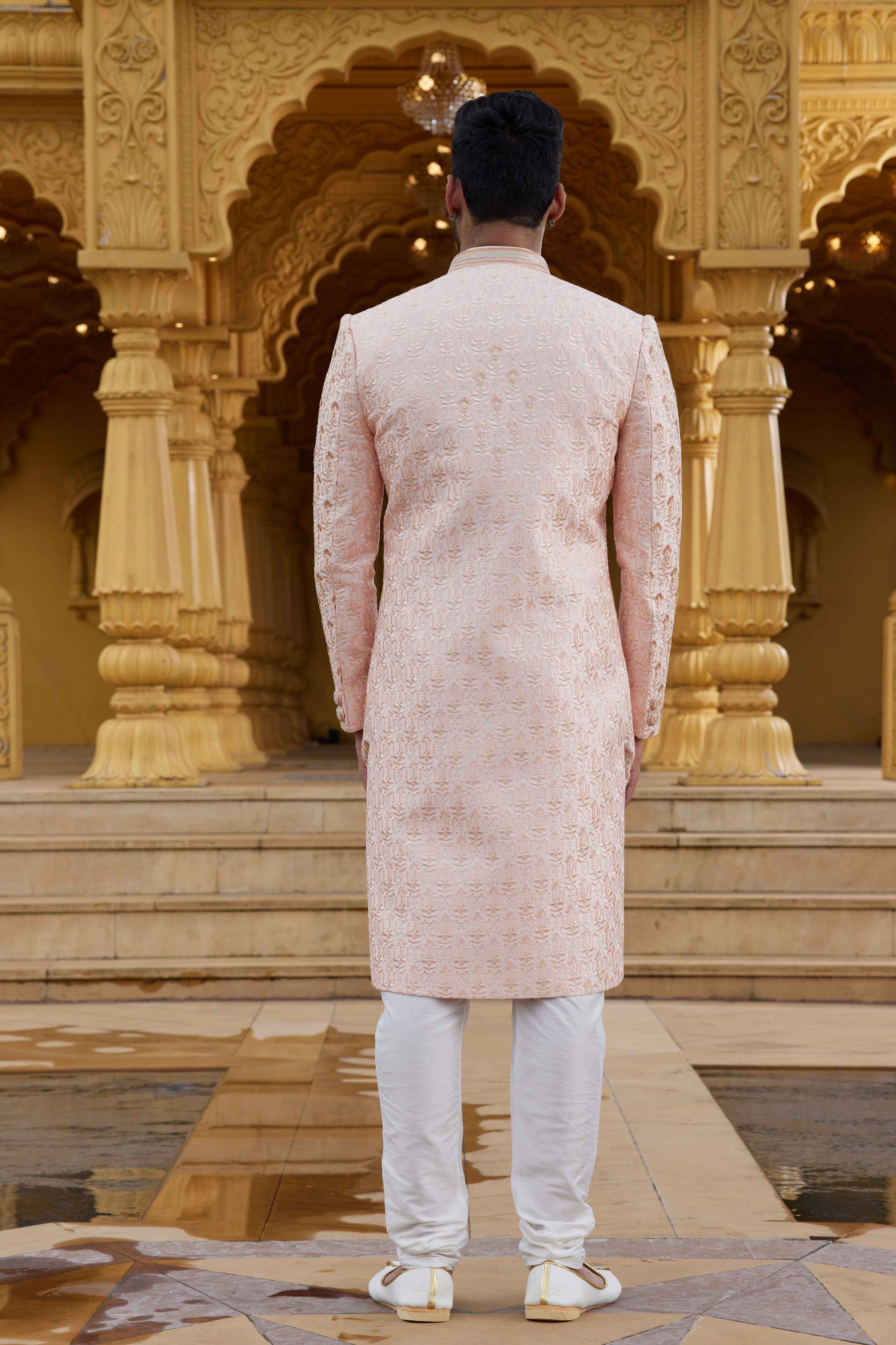 Peach Cream Embroidered Sherwani in Art Silk for Men