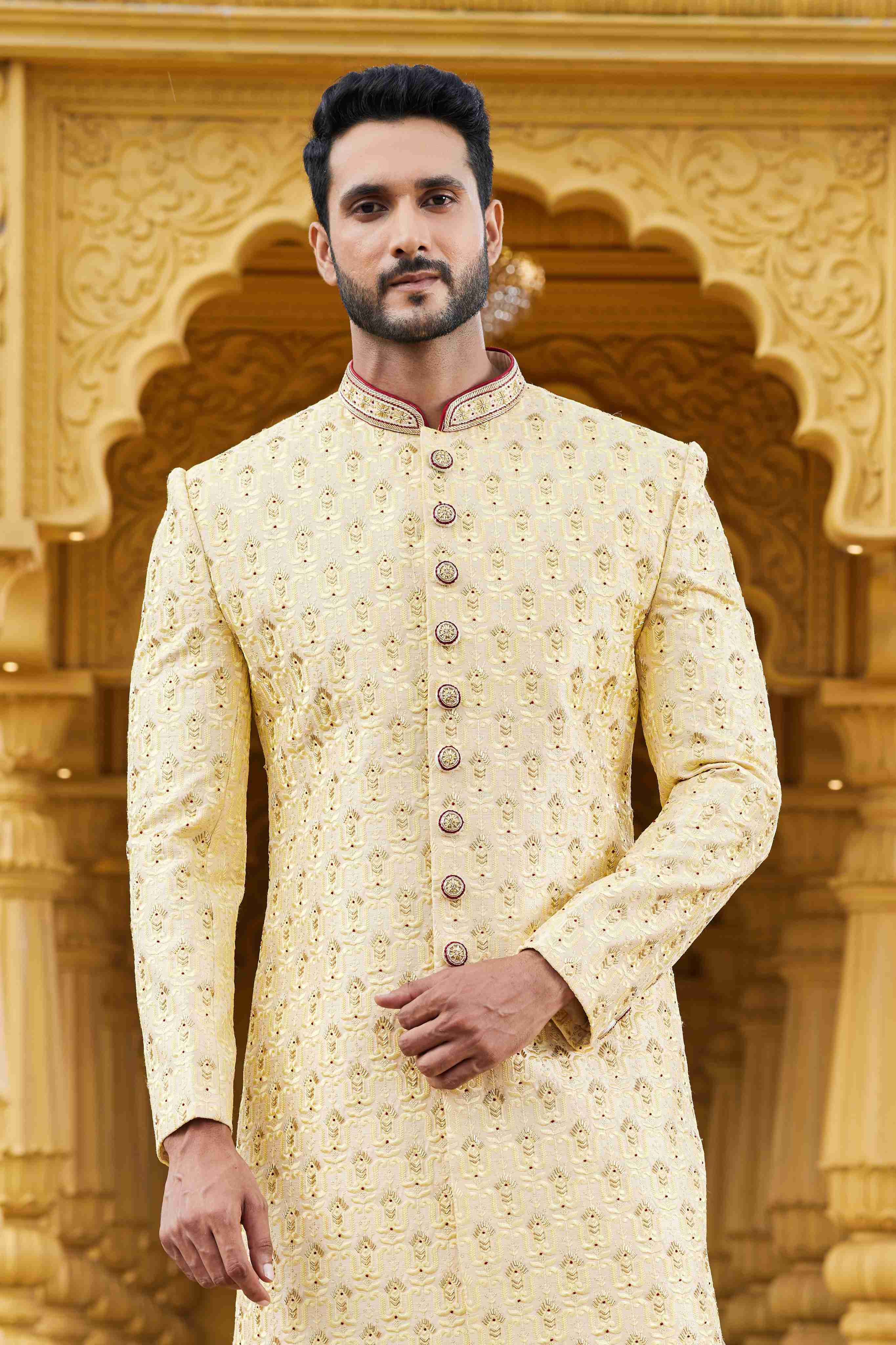 Yellow Embroidered Sherwani for Men in Art Silk