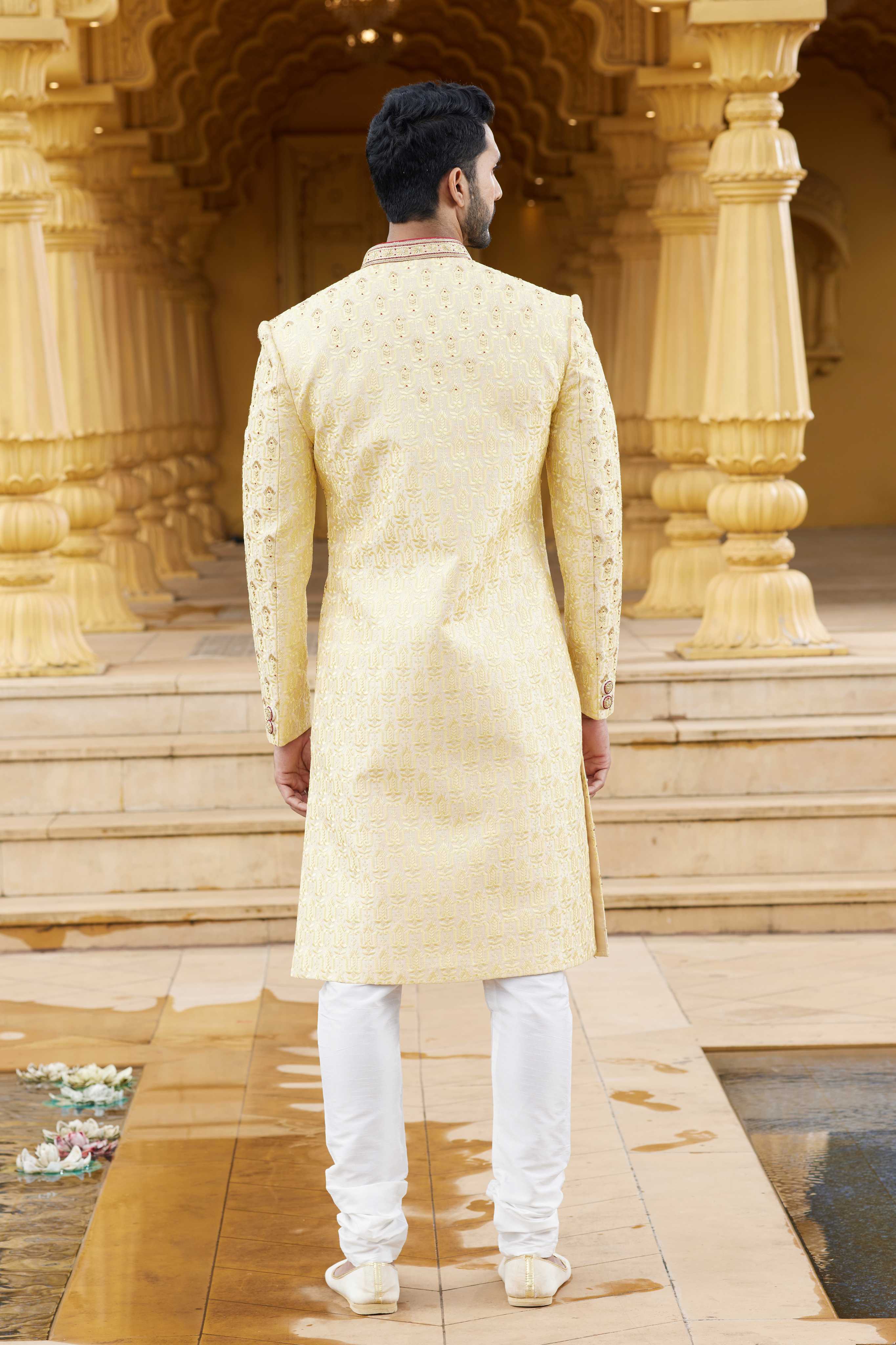 Yellow Embroidered Sherwani for Men in Art Silk