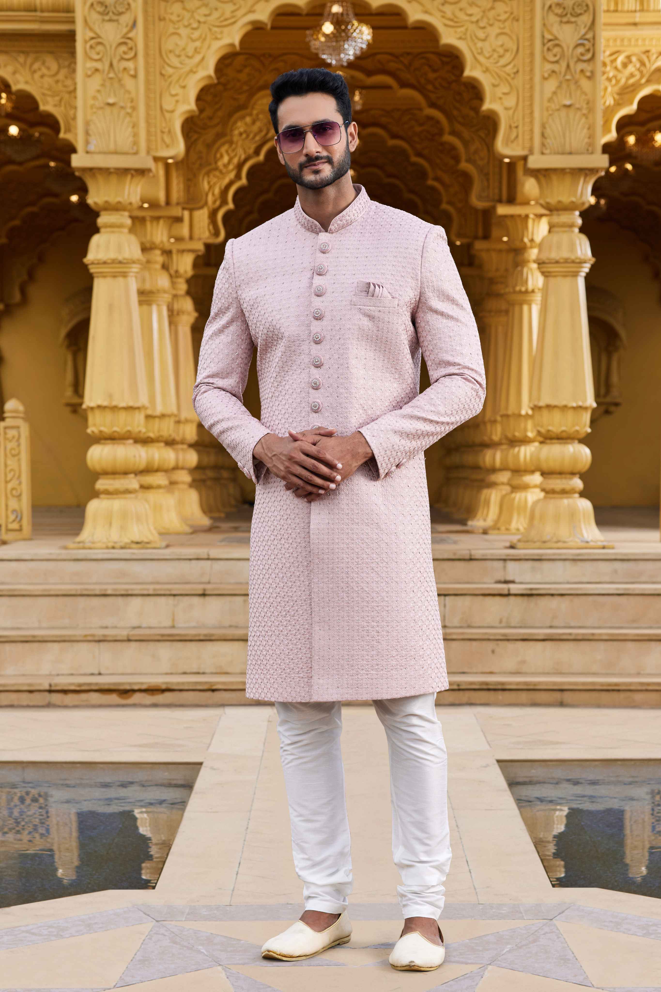 Onion Pink Embroidered Sherwani for Men in Art Silk