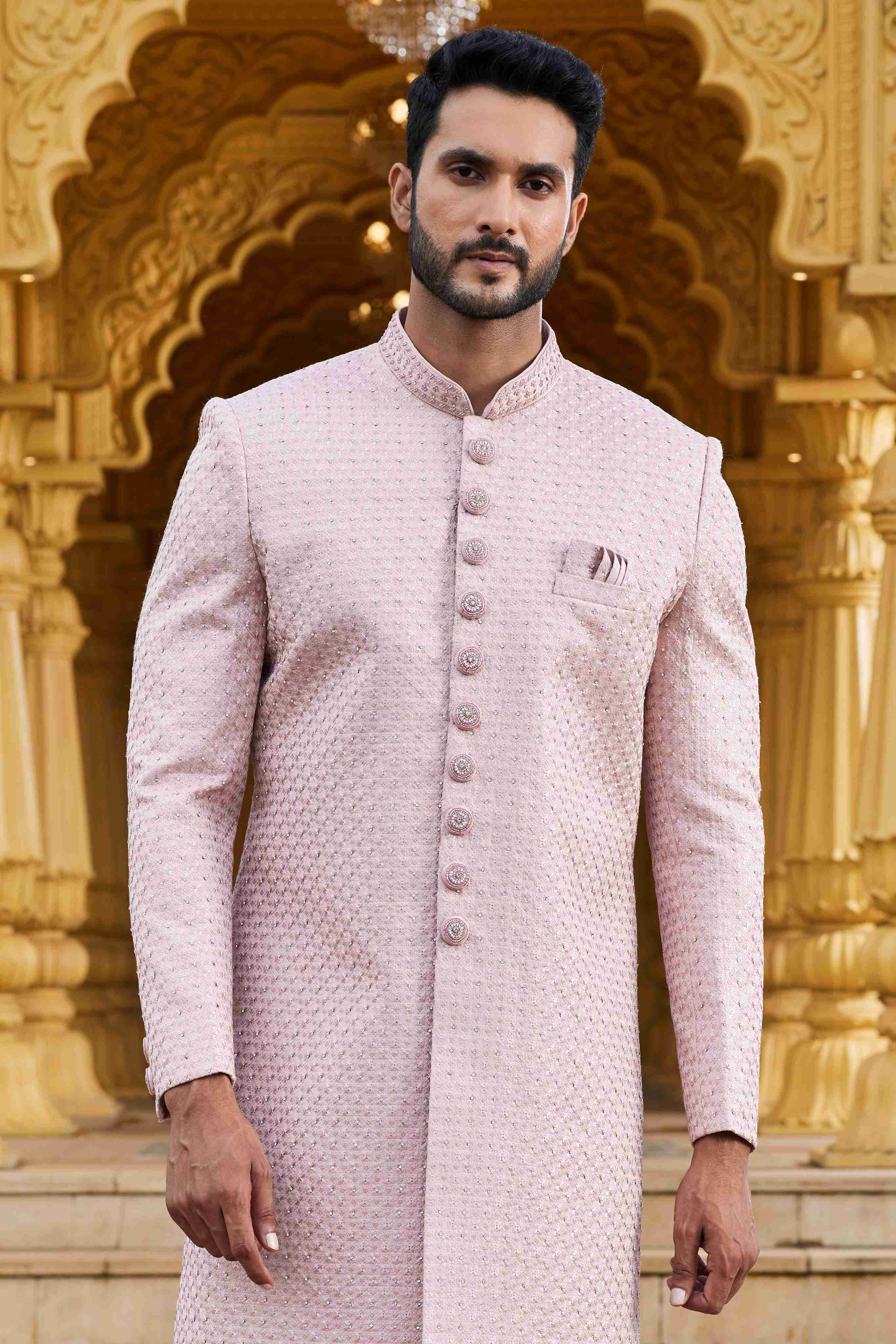 Onion Pink Embroidered Sherwani for Men in Art Silk