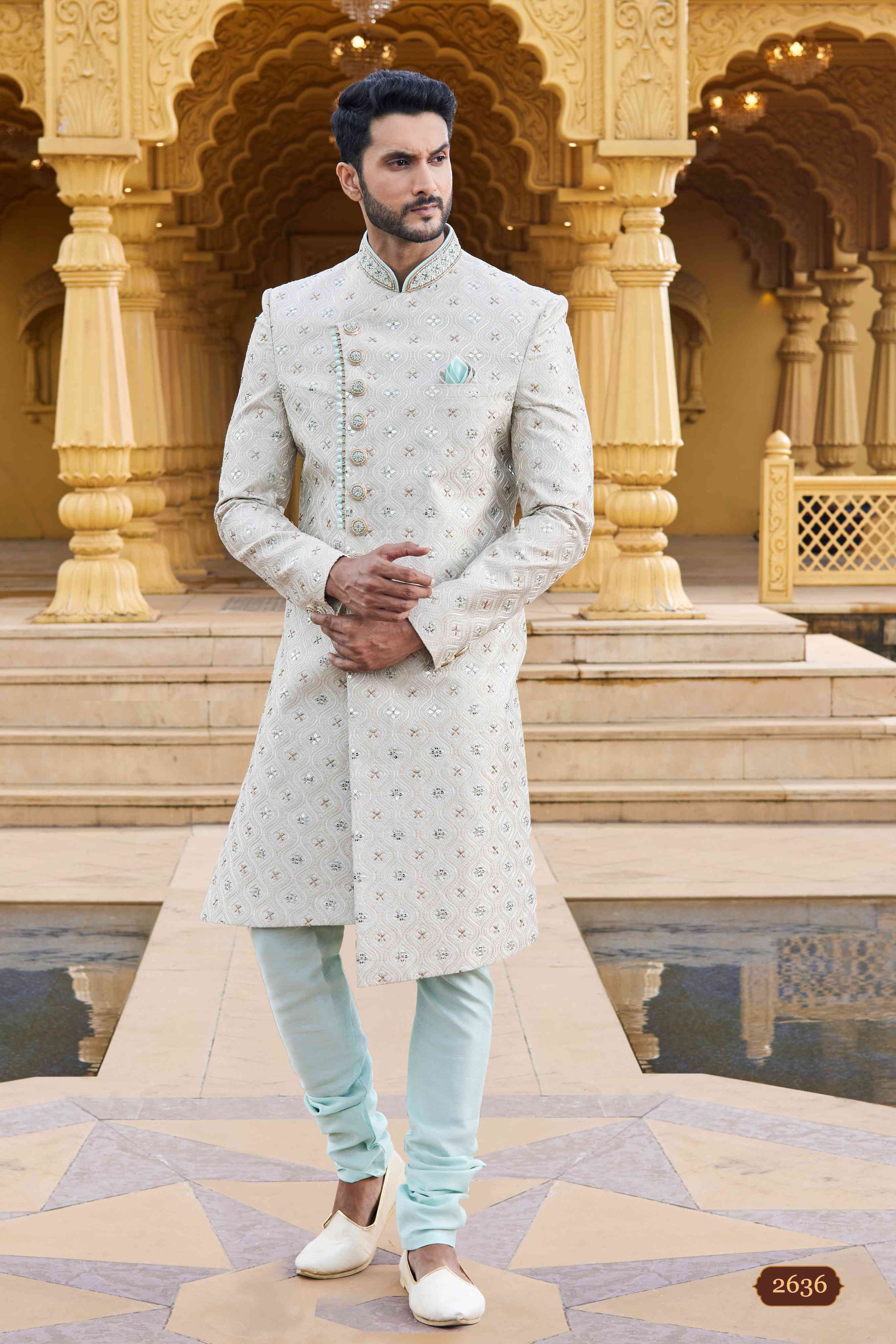 Cream Mint Embroidered Sherwani for Men with Churidar