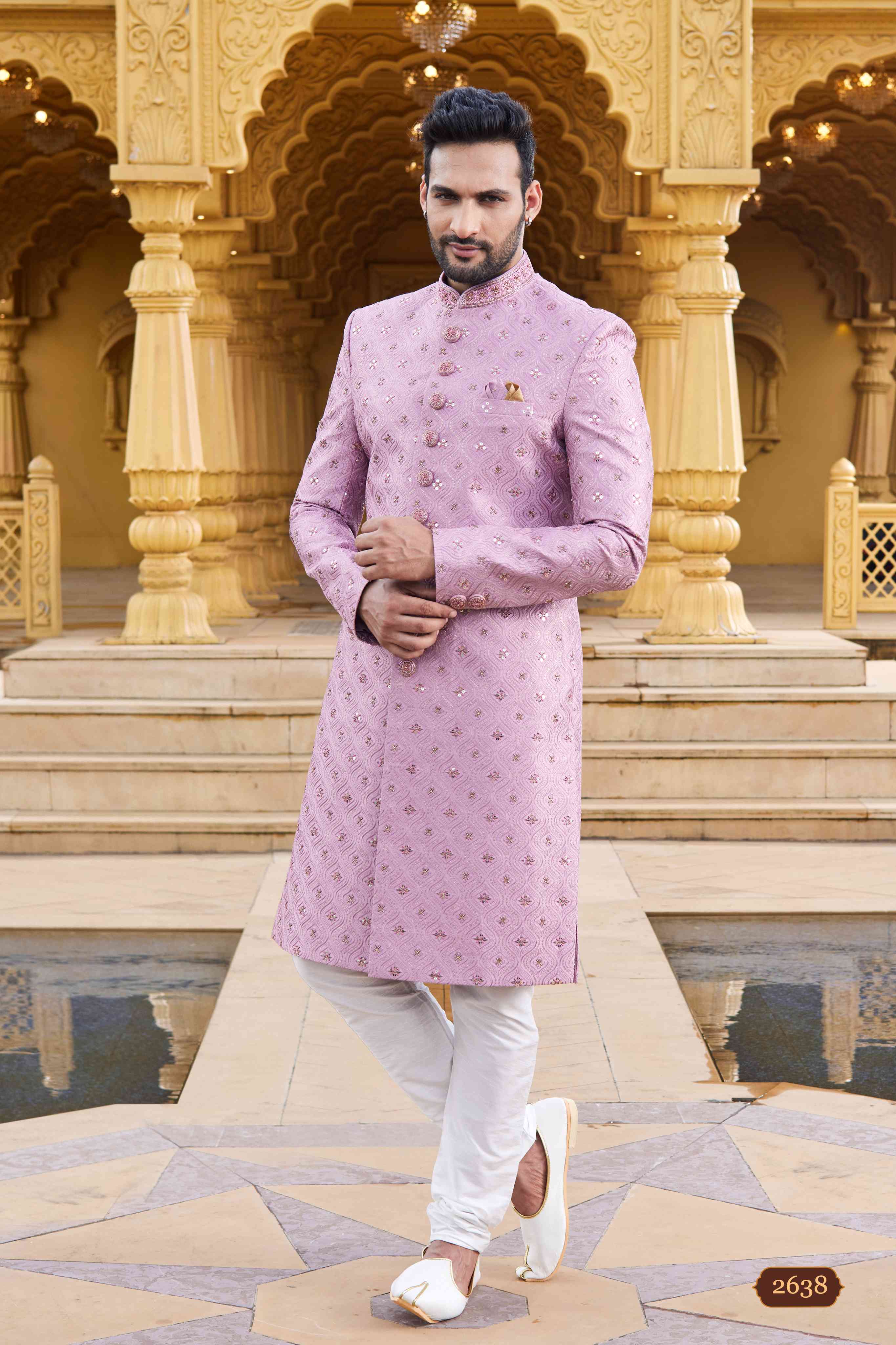 Mauve Pink Embroidered Sherwani for Men in Art Silk