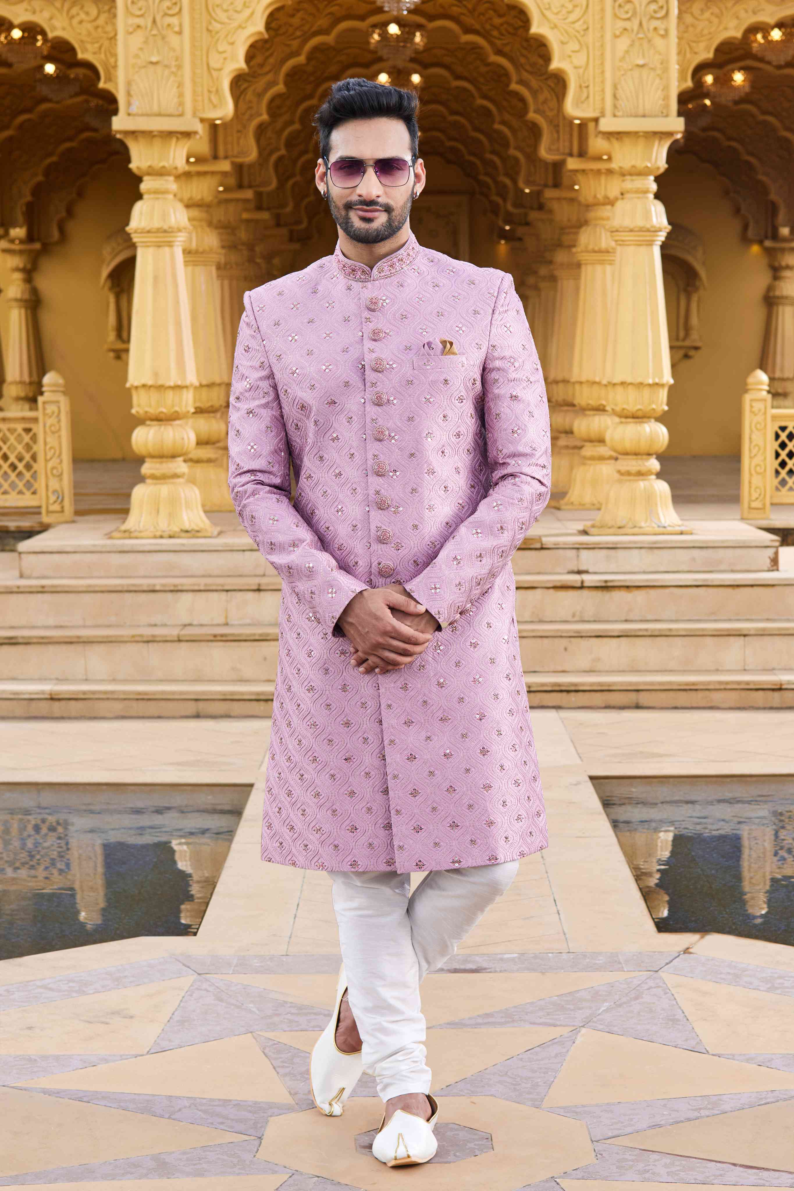 Mauve Pink Embroidered Sherwani for Men in Art Silk