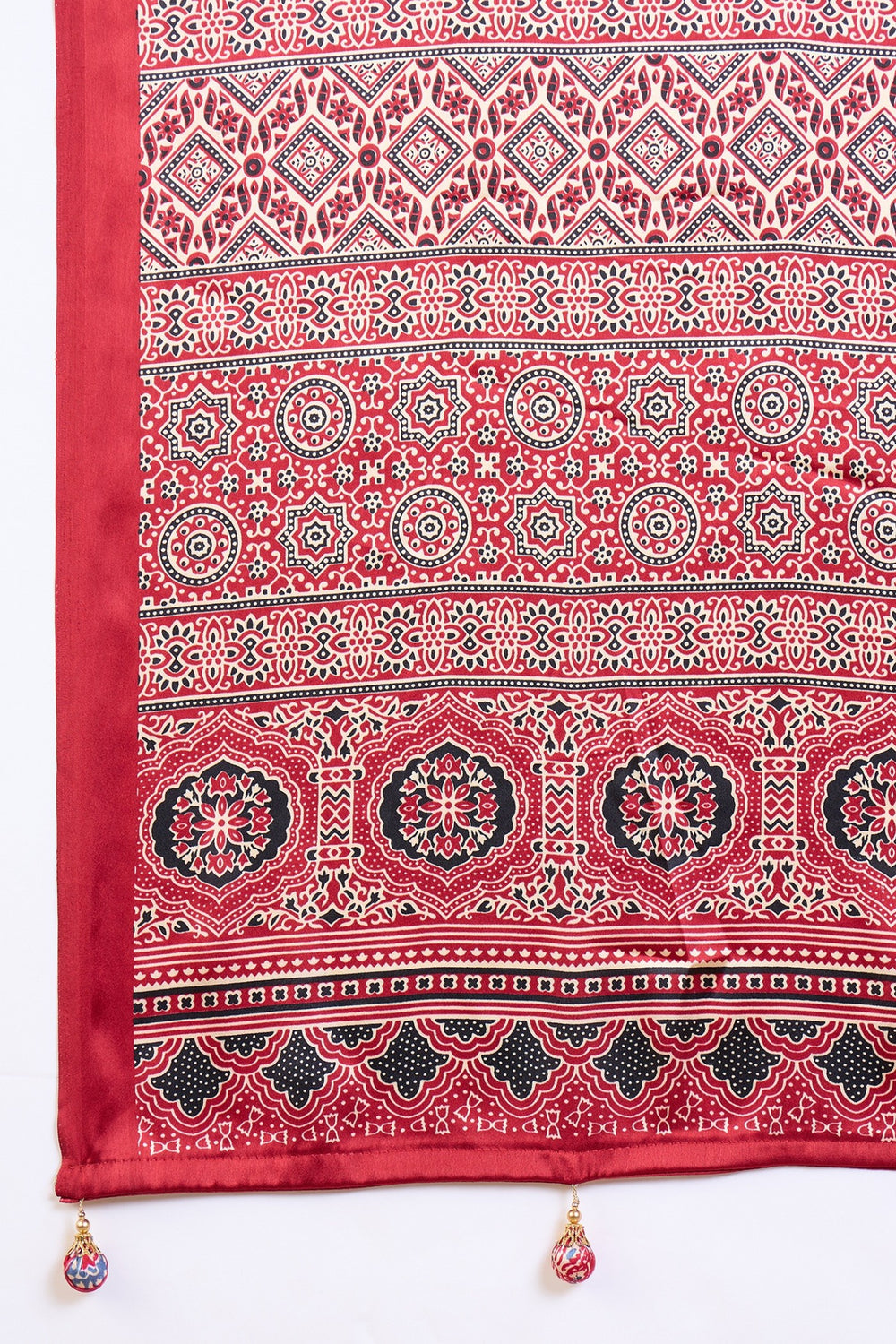 Cream and Red Pure Soft Modal Satin Ajrakh Print Satin Saree Japan Satin Saree Anant Tex Exports Pvt.Ltd..