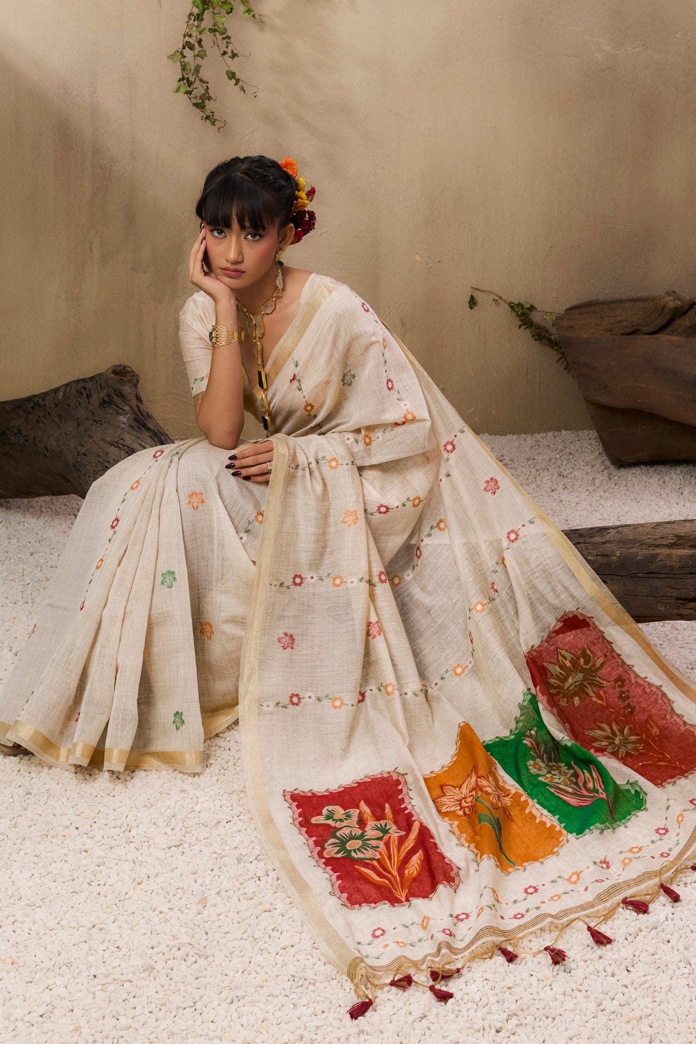 Milklace Cream Pure Soft Handloom Muga Cotton Saree