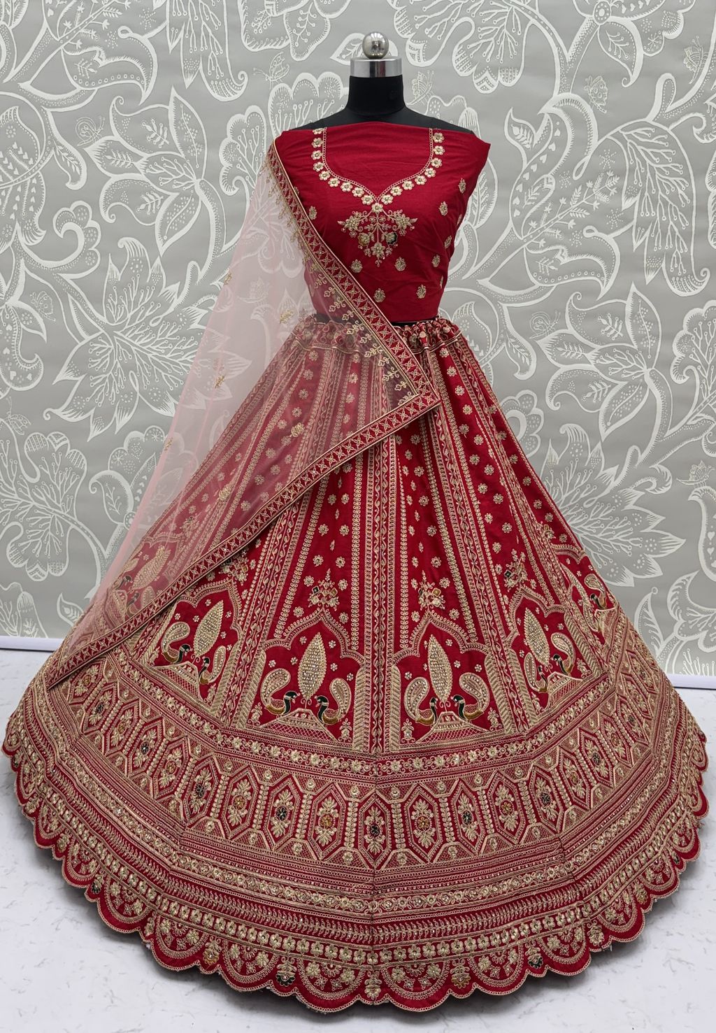 Red Pure Soft Heavy Silk Sequins Embroidery Work Bridal Lehenga