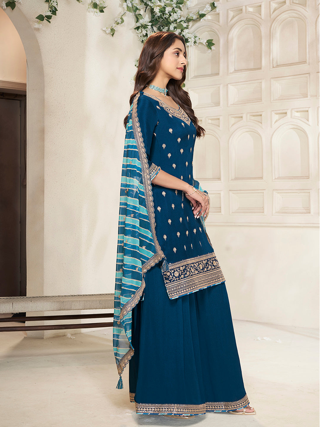 Designer embroidered sharara dress with digital print dupatta