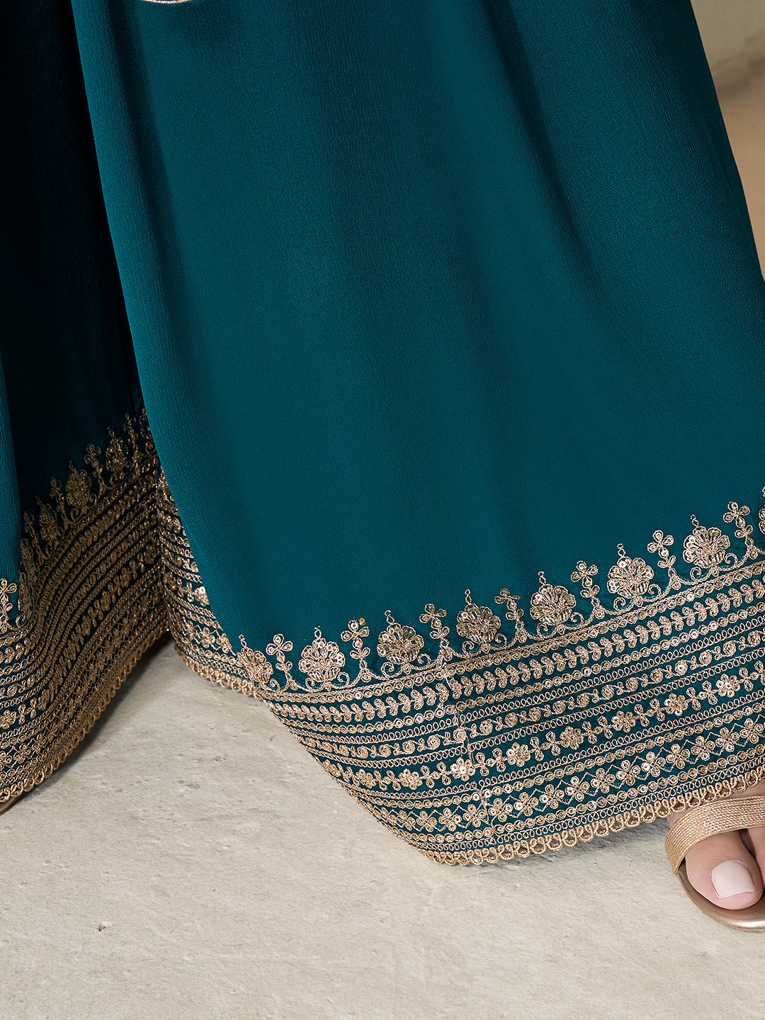 Teal Green Chinon Sharara Suit with Heavy Embroidery