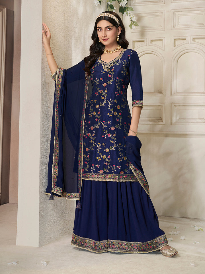Navy Blue Floral Meena Jacquard Dola Silk Sharara Suit