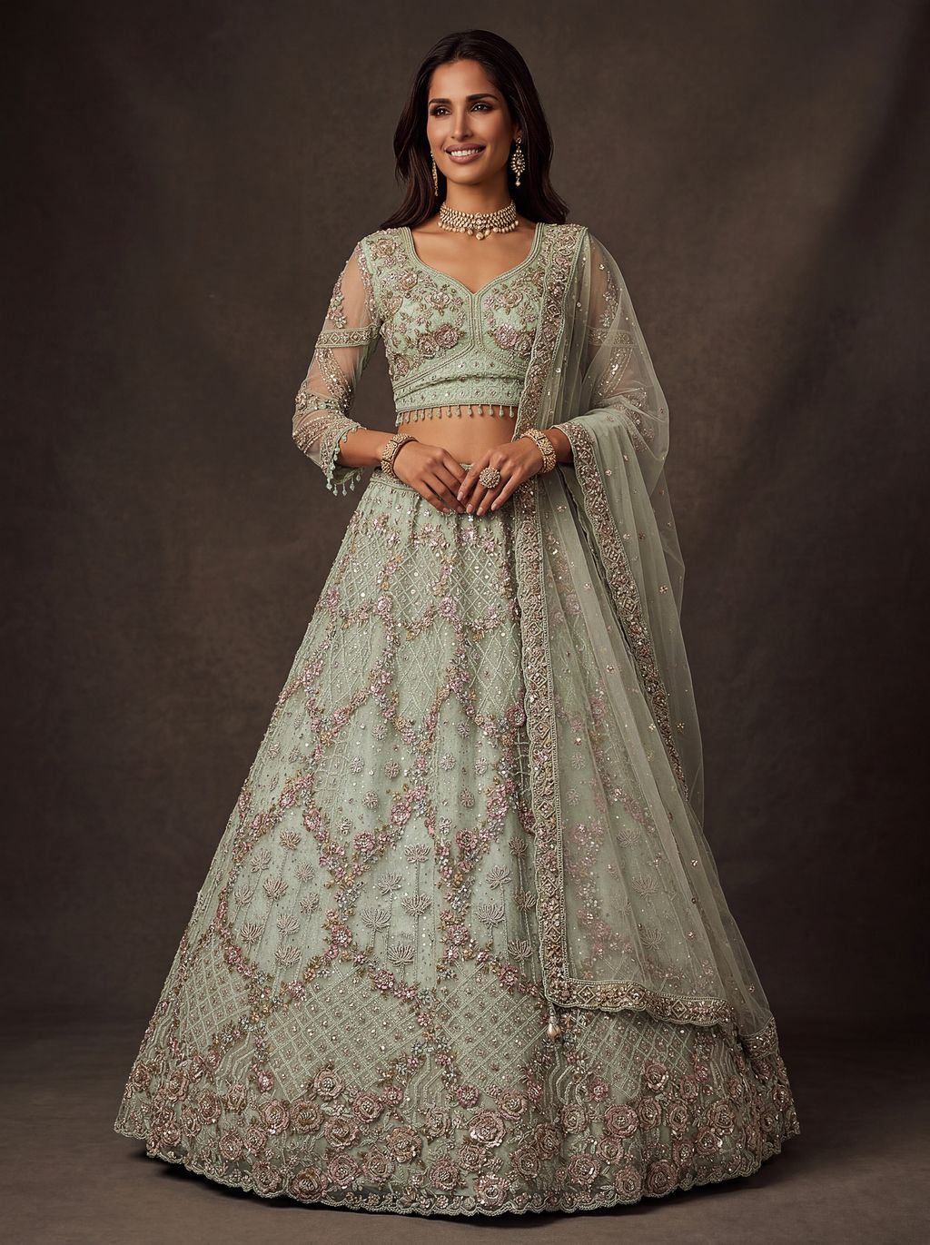 Sky Blue Pure Soft Heavy Double Net Crafted Fancy Chapat Zari Work Bridal Lehenga Choli