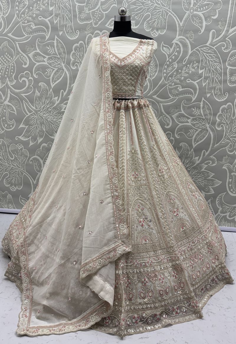 White Pure Soft Satin Silk Heavy Embroidery Work Bridal Lehenga