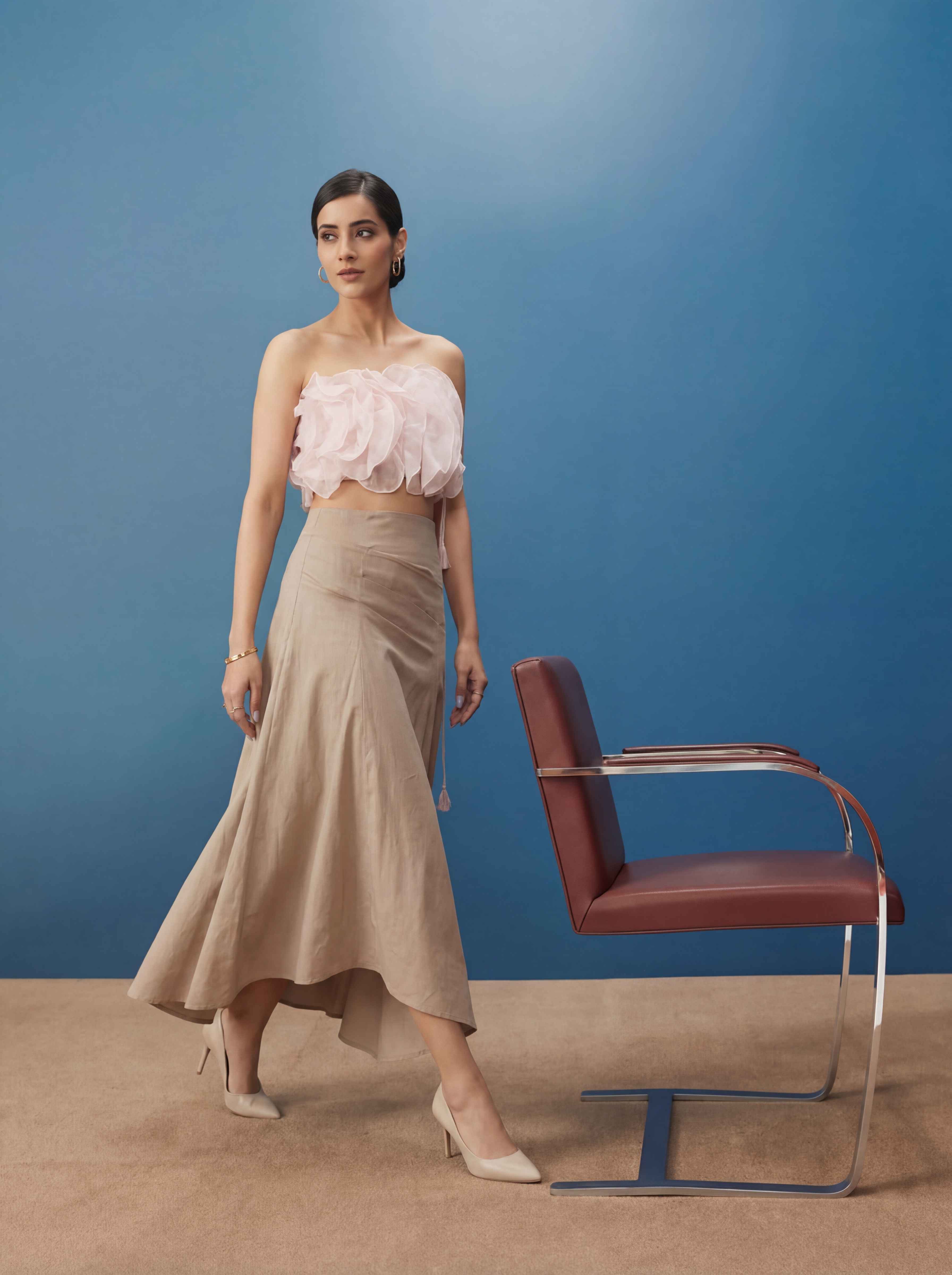 Blush Pink Ruffle Top Beige Skirt Co-Ord Set for Women