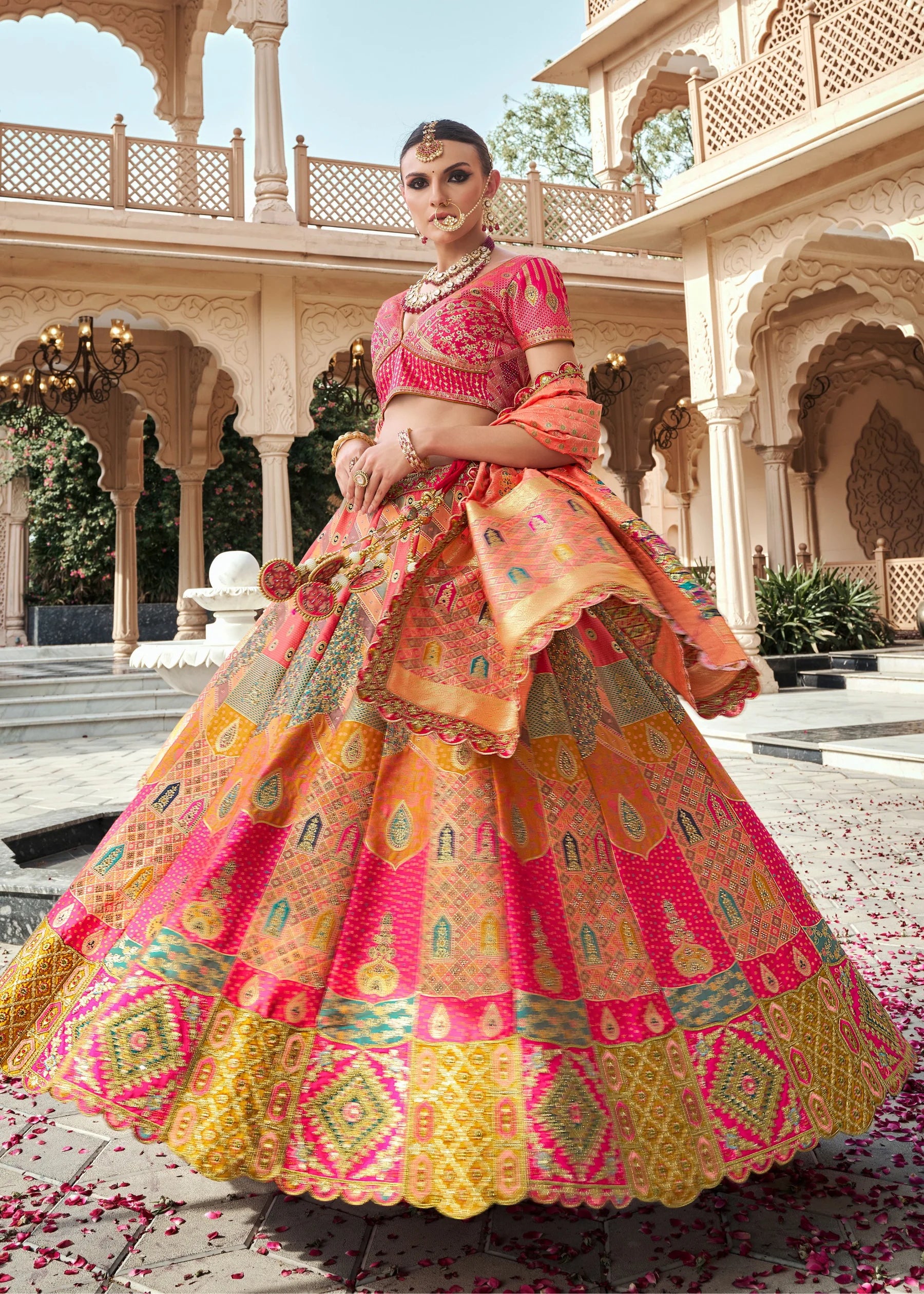 Peach Pink Banarasi Silk Lehenga Choli with Zarkan Work