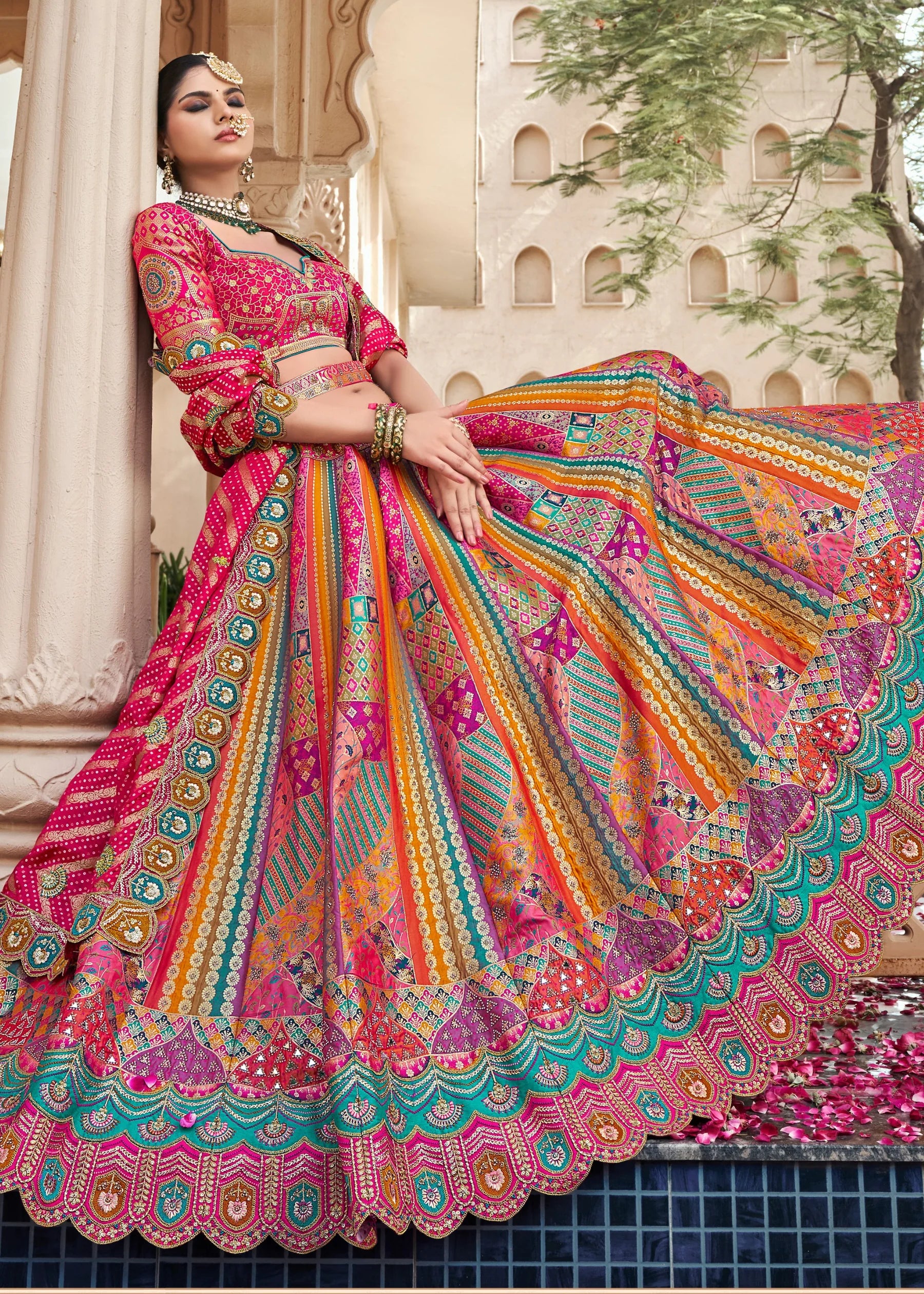 Rani Pink Multicolor Banarasi Silk Lehenga Choli with Zarkan Work